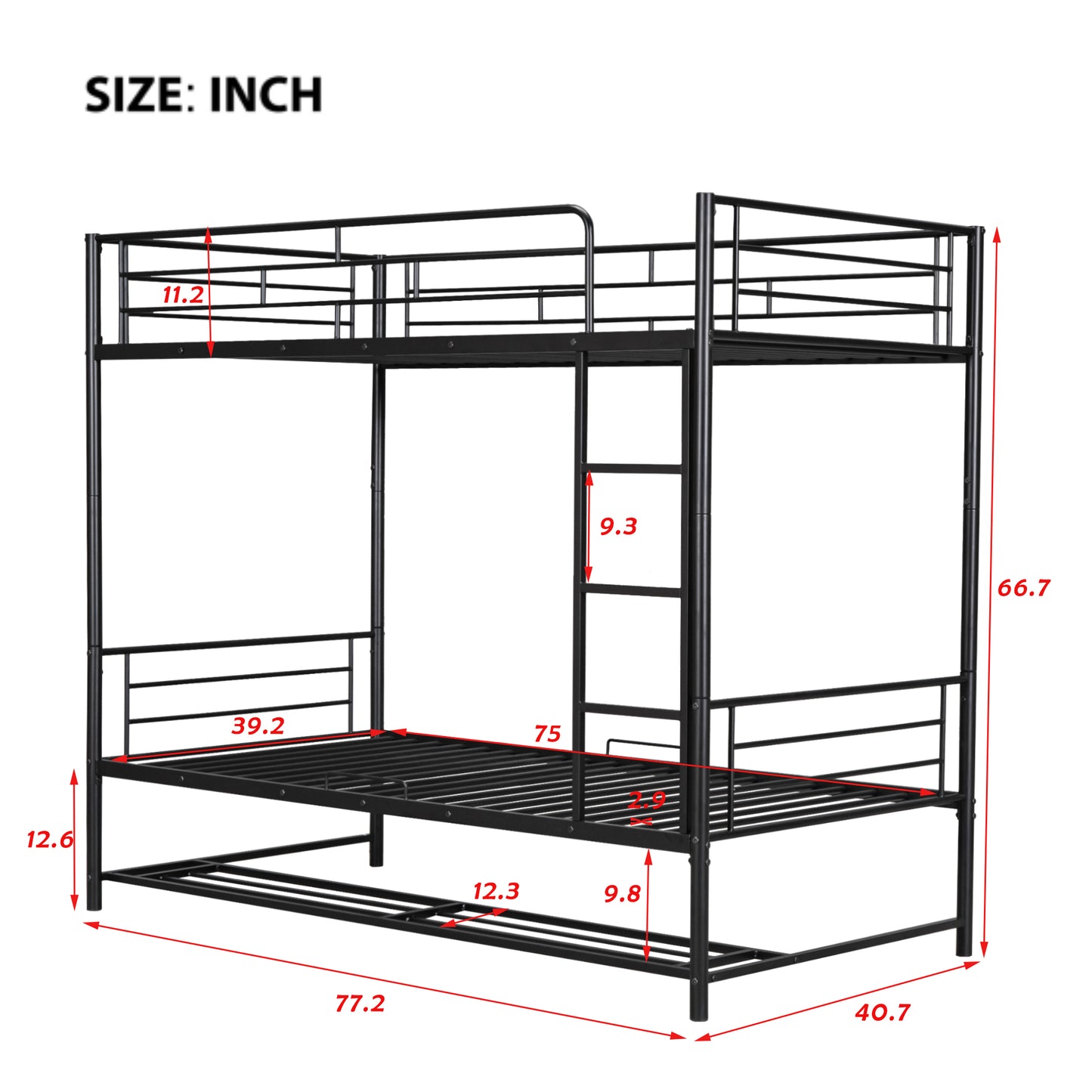 Black metal triple bunk bed with dimensions displayed