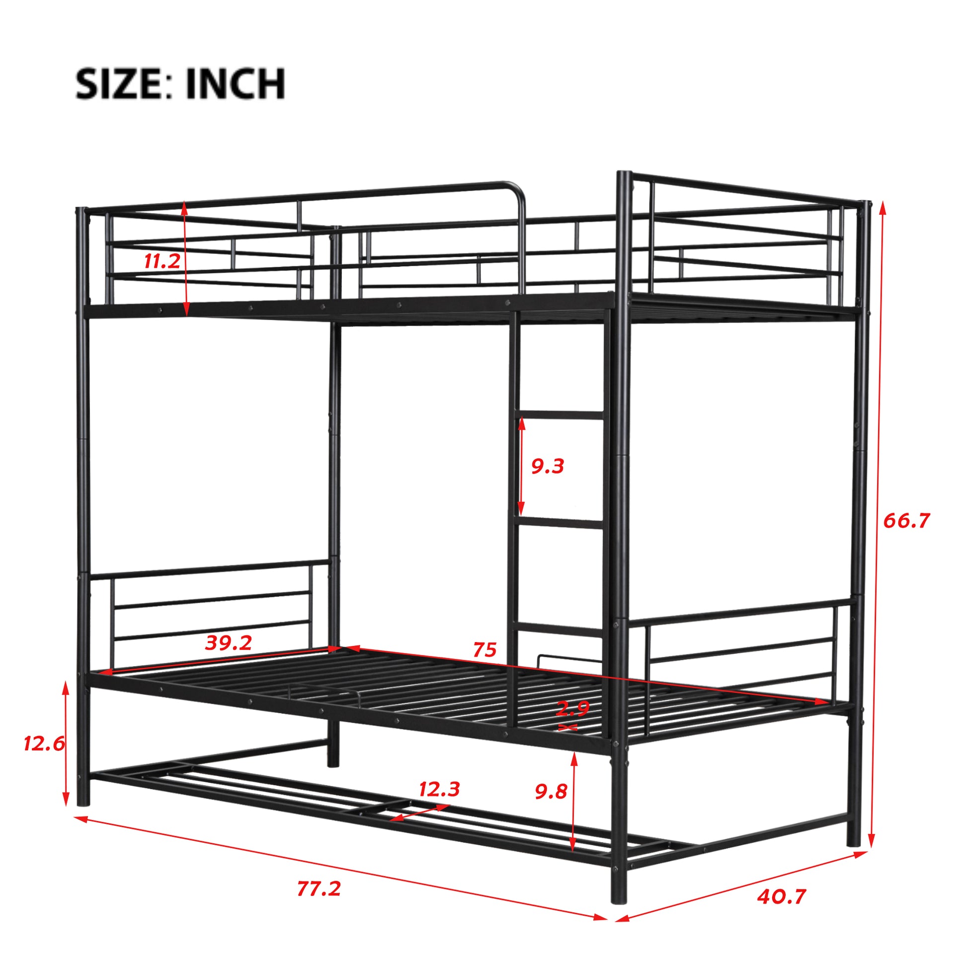 Black metal triple bunk bed with dimensions displayed
