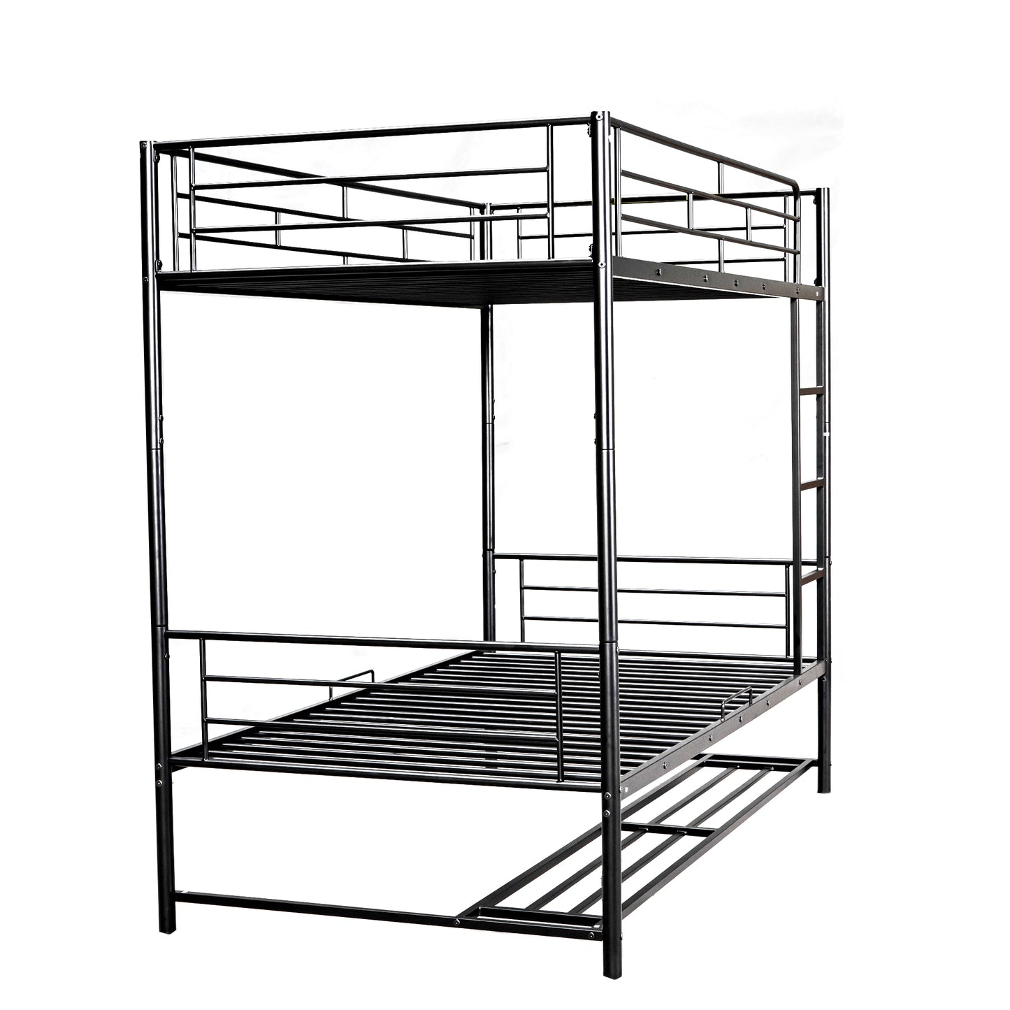 Black metal triple bunk bed with ladder