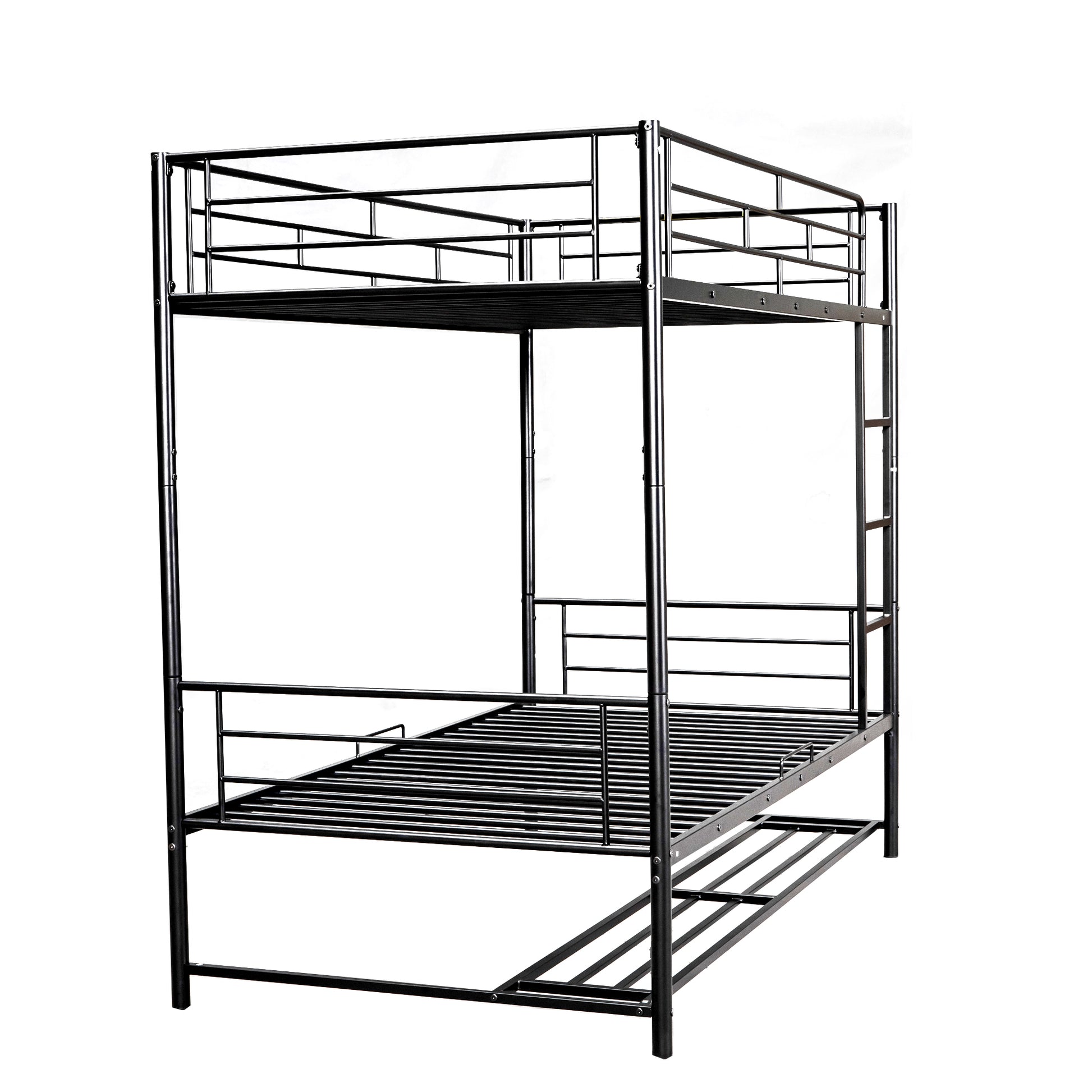 Black metal triple bunk bed with ladder