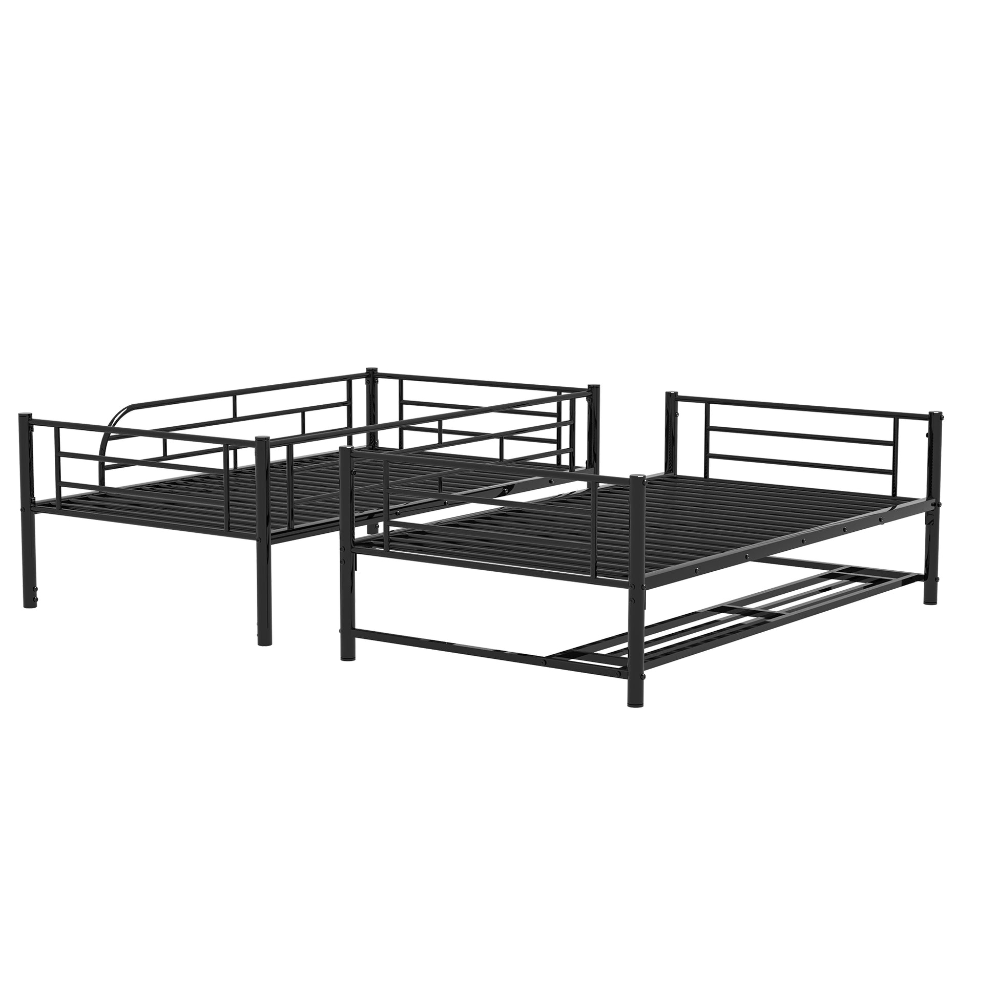 Black metal twin over twin bunk bed frame with guardrails