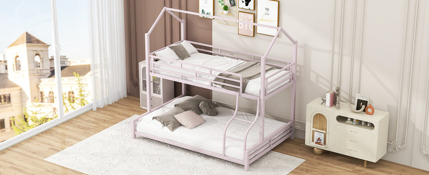 Pastel pink metal twin over twin bunk bed with houseshaped frame