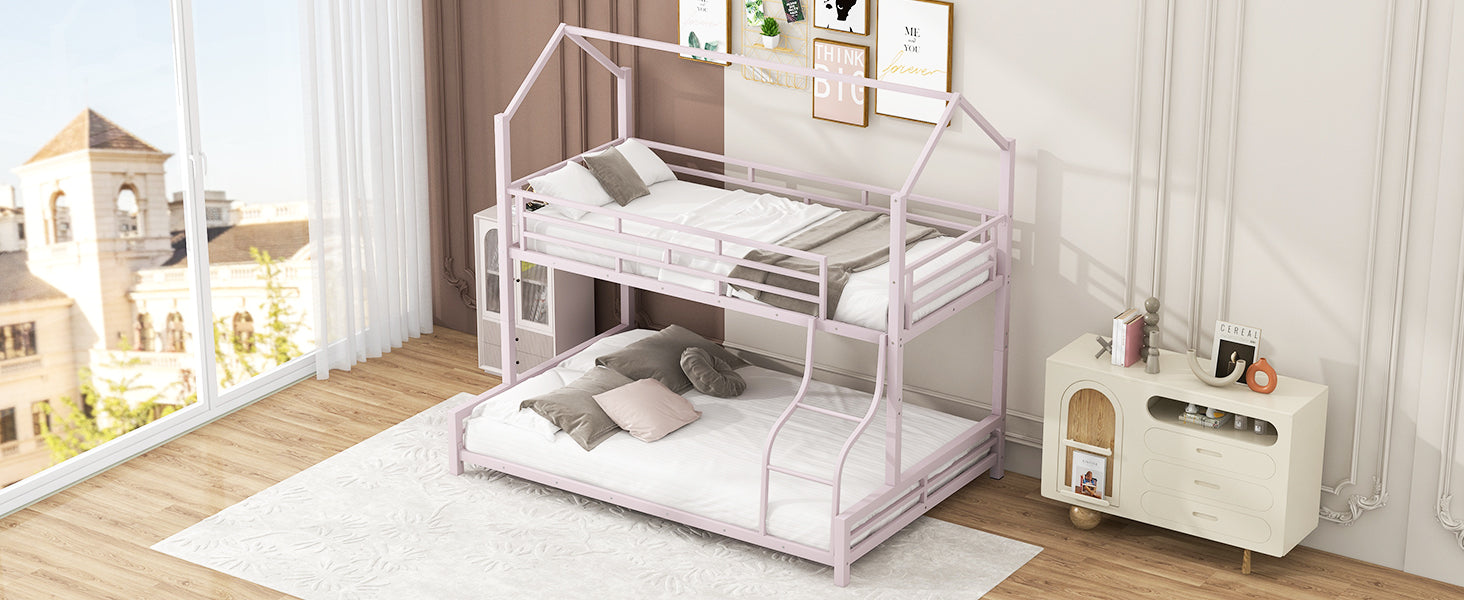 Pastel pink metal twin over twin bunk bed with houseshaped frame