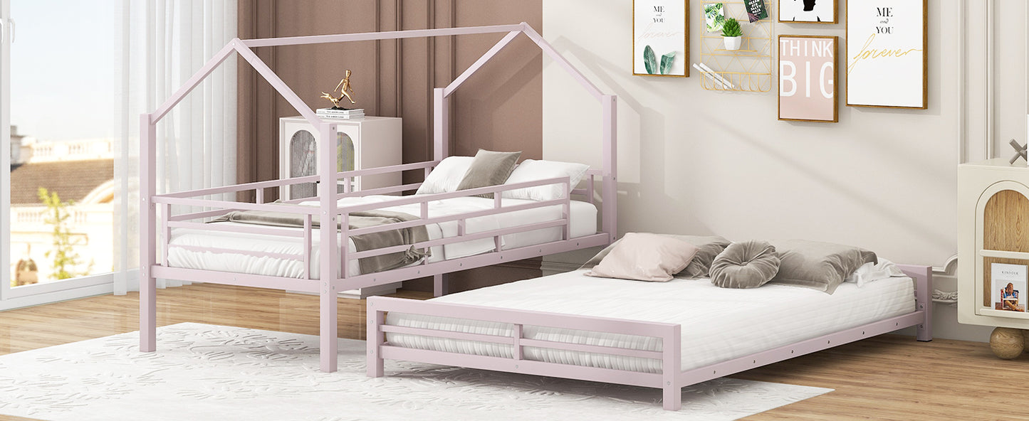 Pink metal house bed frame with white bedding and pillows