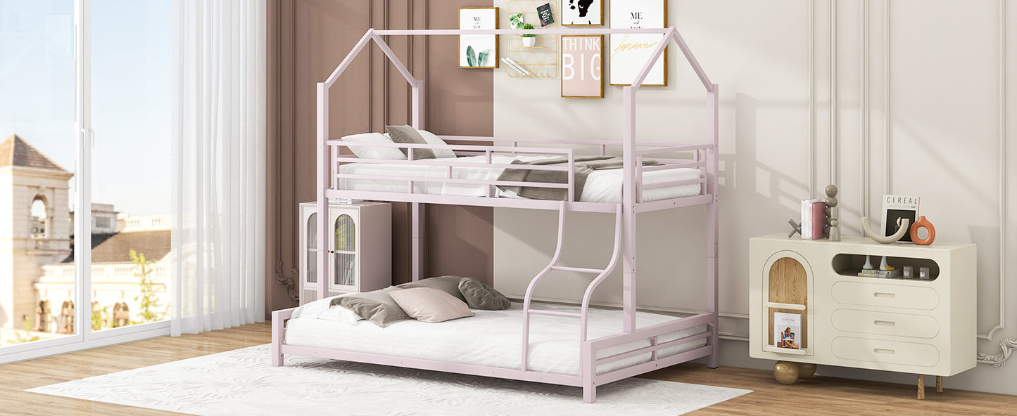 Pink metal twin over twin bunk bed with house frame and ladder