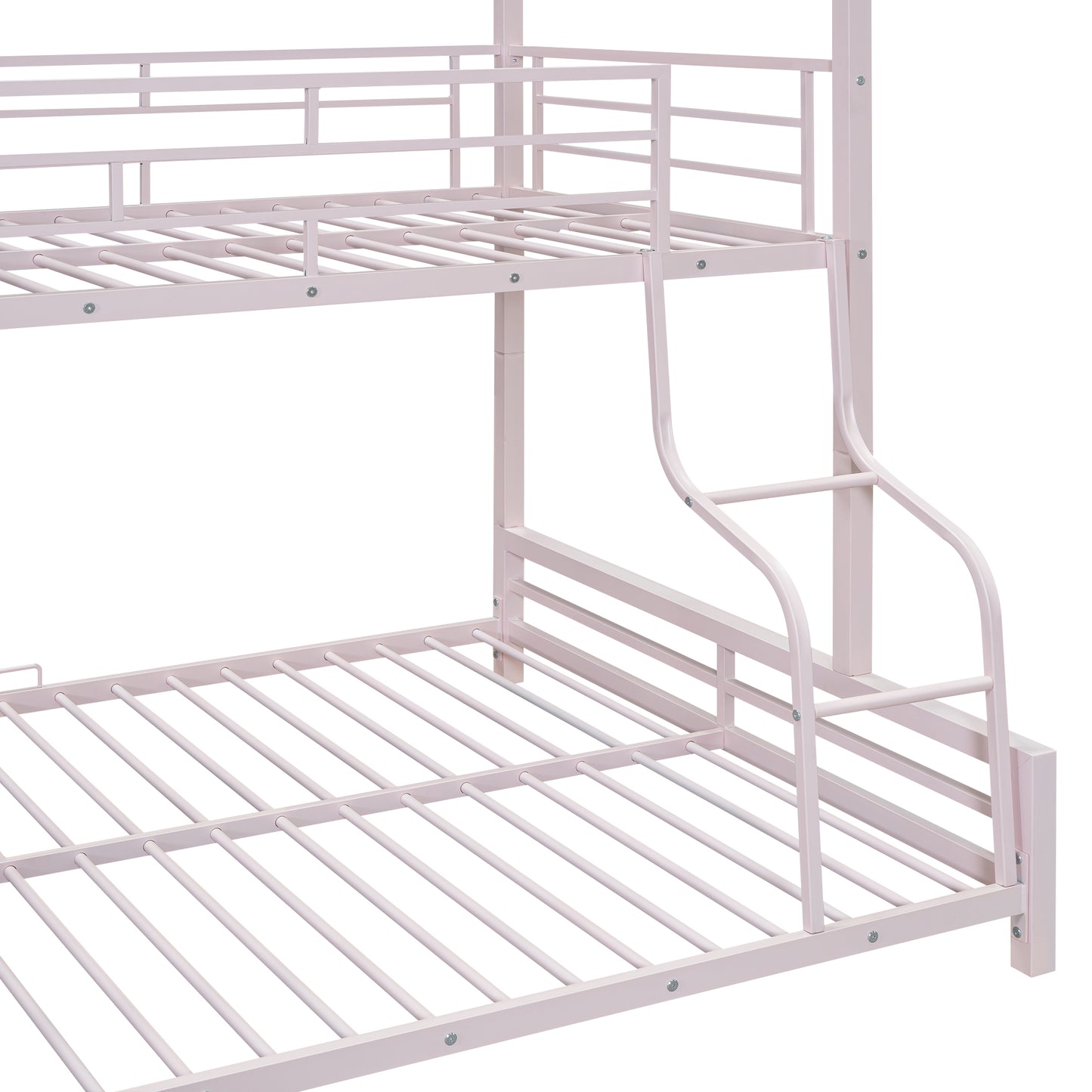 Pink metal triple bunk bed frame with ladders