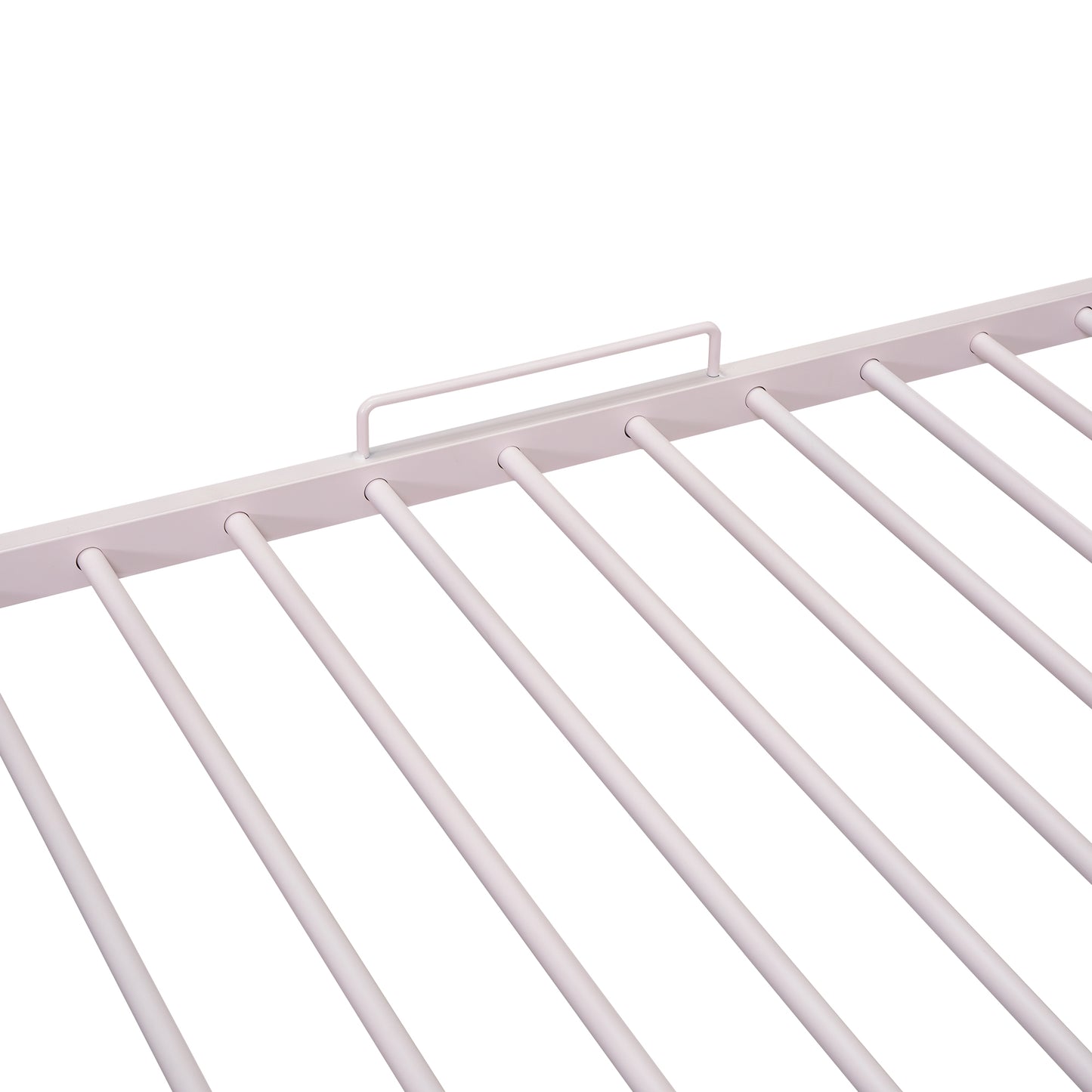 Closeup of a pale pink metal shoe rack with multiple bars for organization