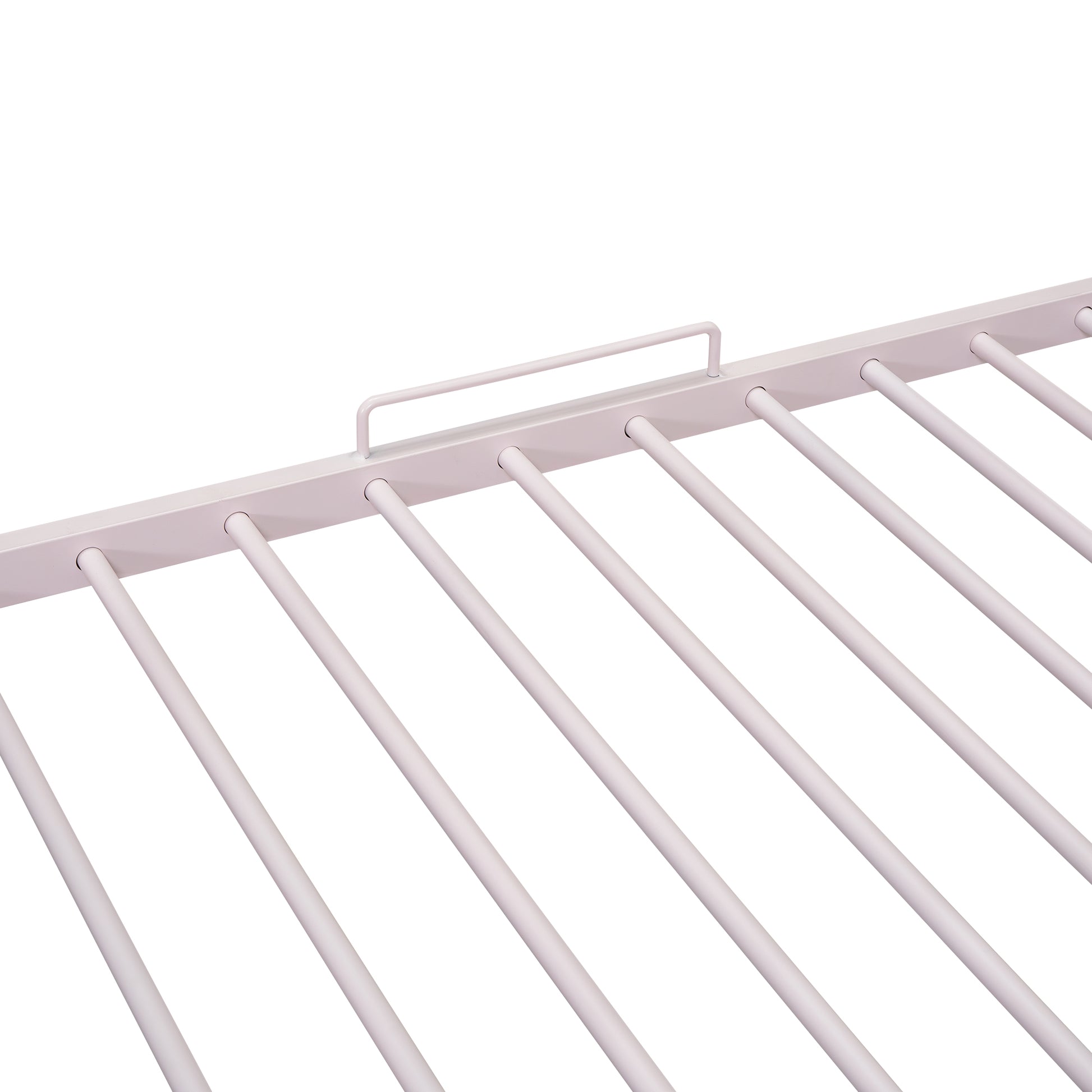 Closeup of a pale pink metal shoe rack with multiple bars for organization
