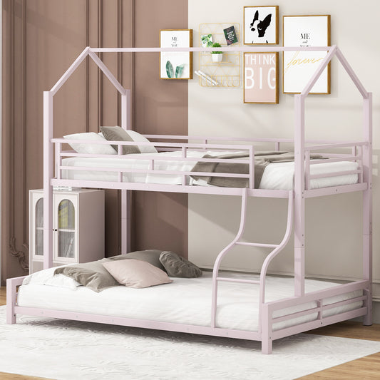 Pink metal house bunk bed with twin mattresses and pillows