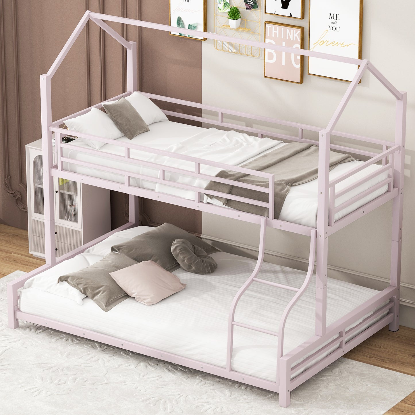 Pink metal twin over twin bunk bed with house frame
