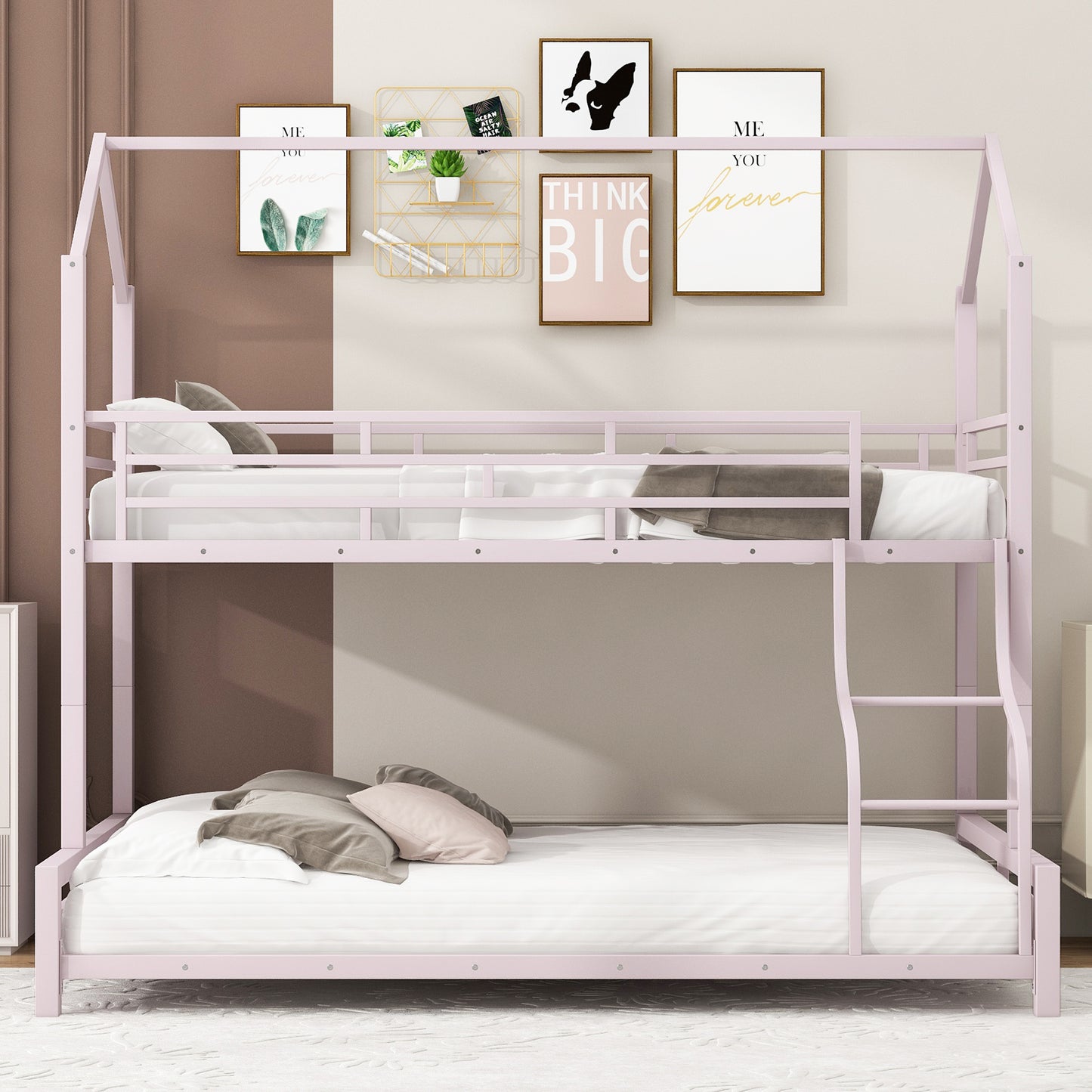 Pink metal house frame bunk bed with white bedding and gray pillows