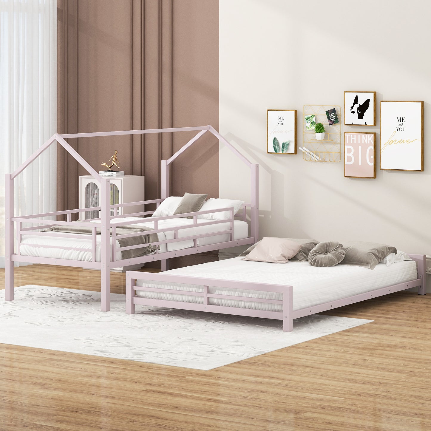 Pink metal twin house bed frame with guardrails