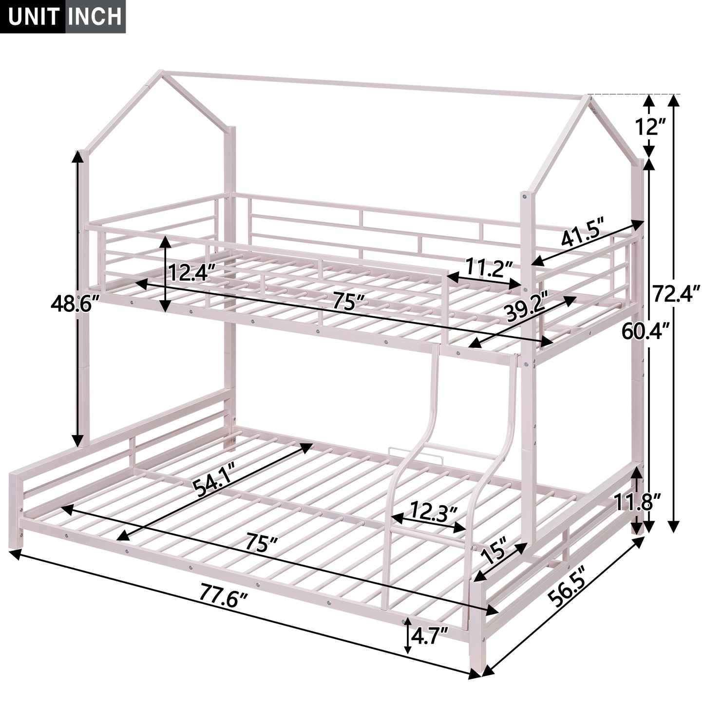 Pink metal house frame bunk bed with dimensions and ladder shown