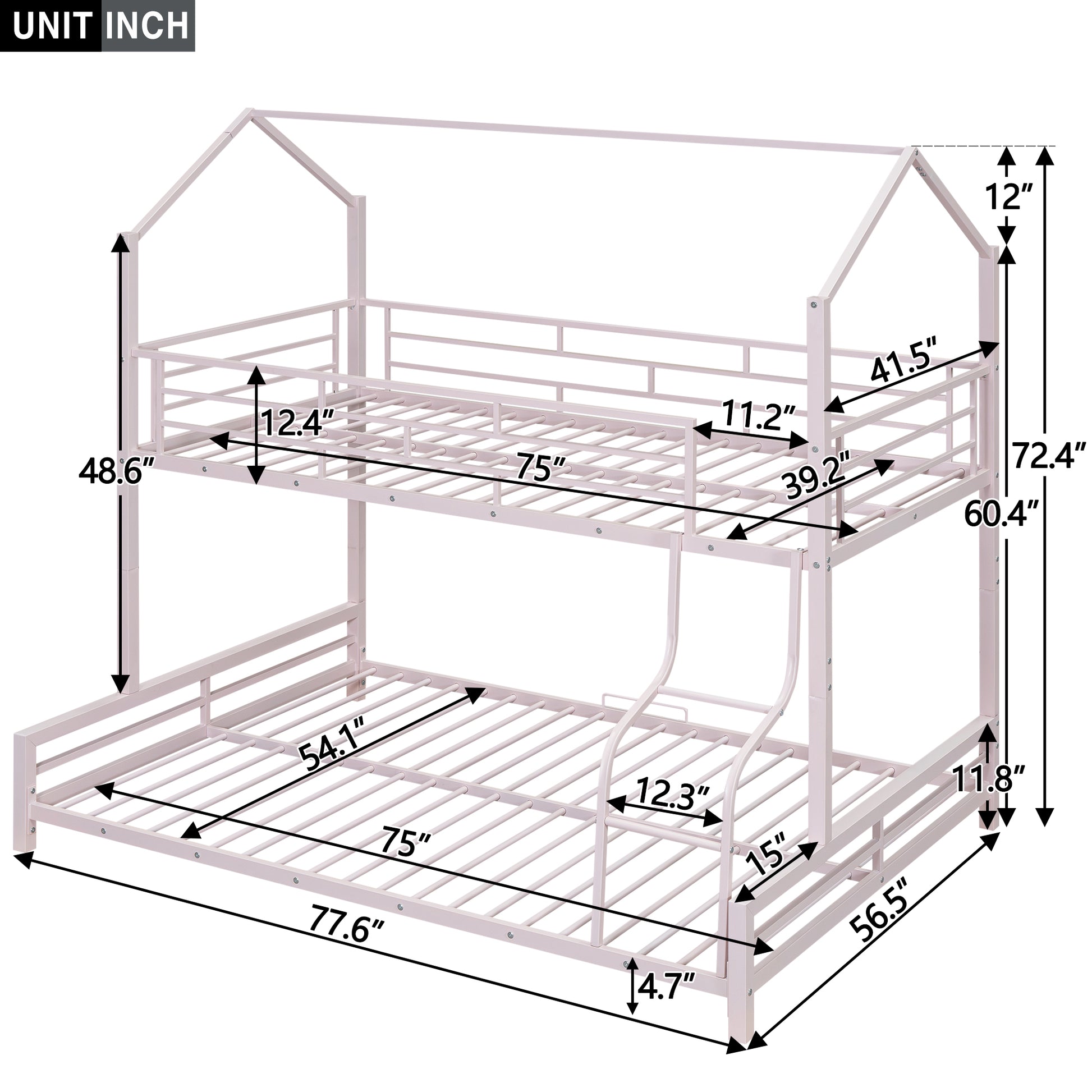 Pink metal house frame bunk bed with dimensions and ladder shown