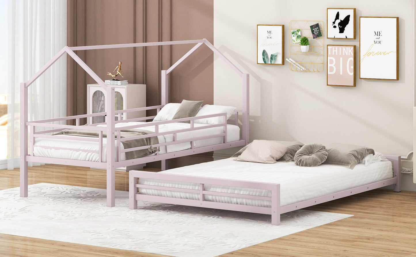 Pink metal house bed with white mattress and bedding