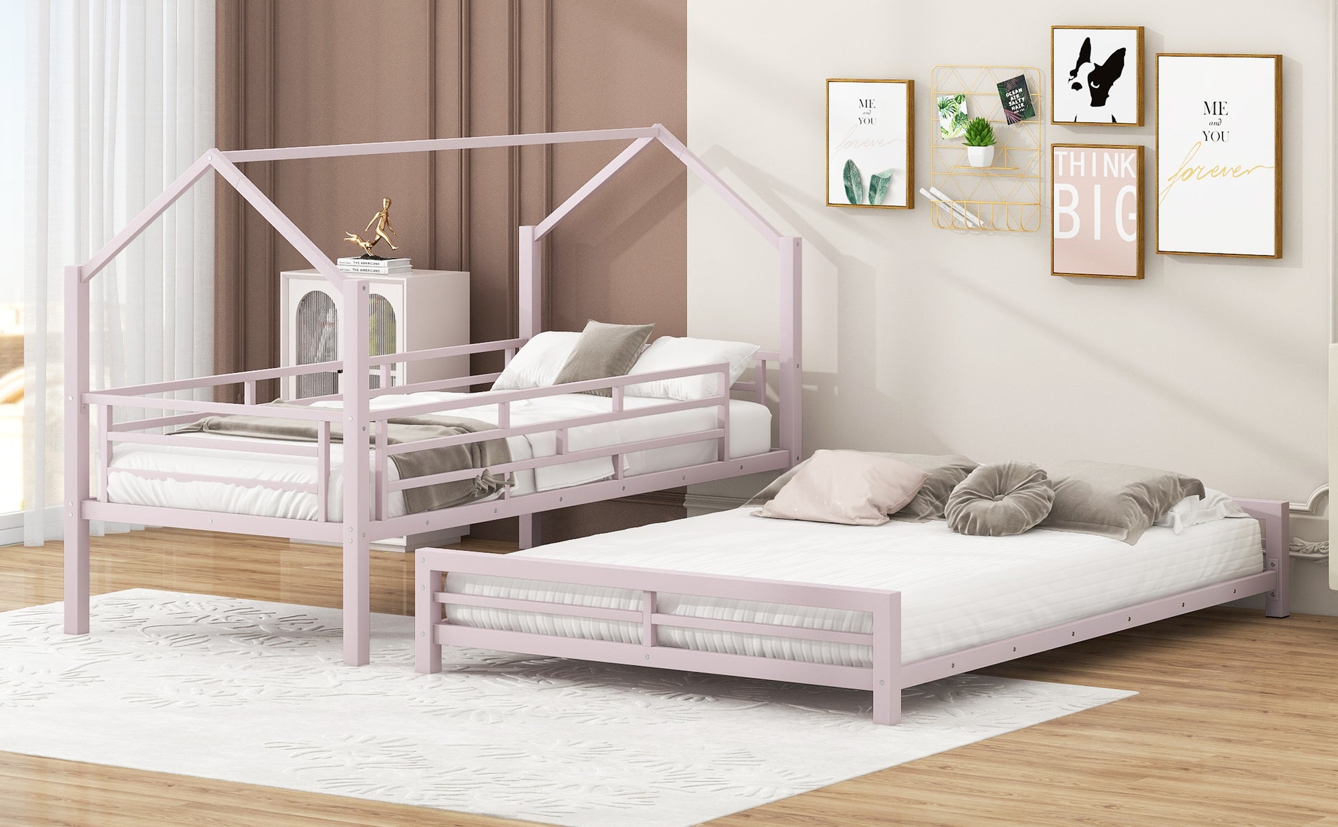 Pink metal house bed with white mattress and bedding