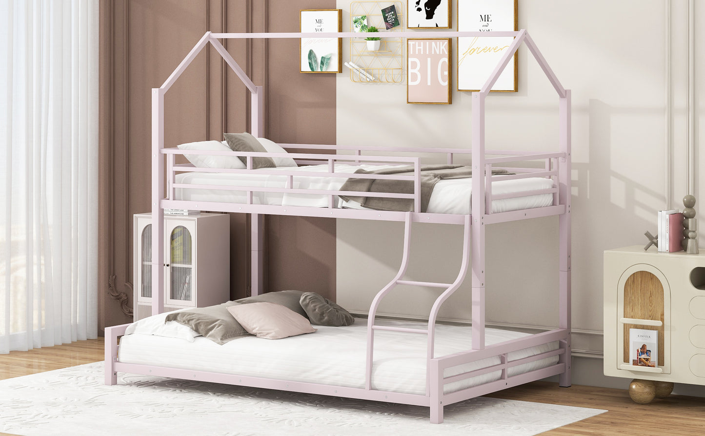 Pink metal twin over twin house bunk bed with ladder