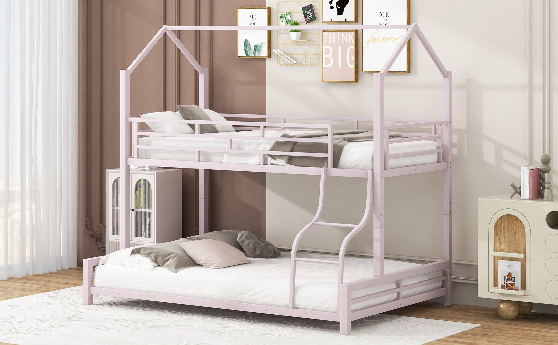 Pink metal twin over twin house bunk bed with ladder
