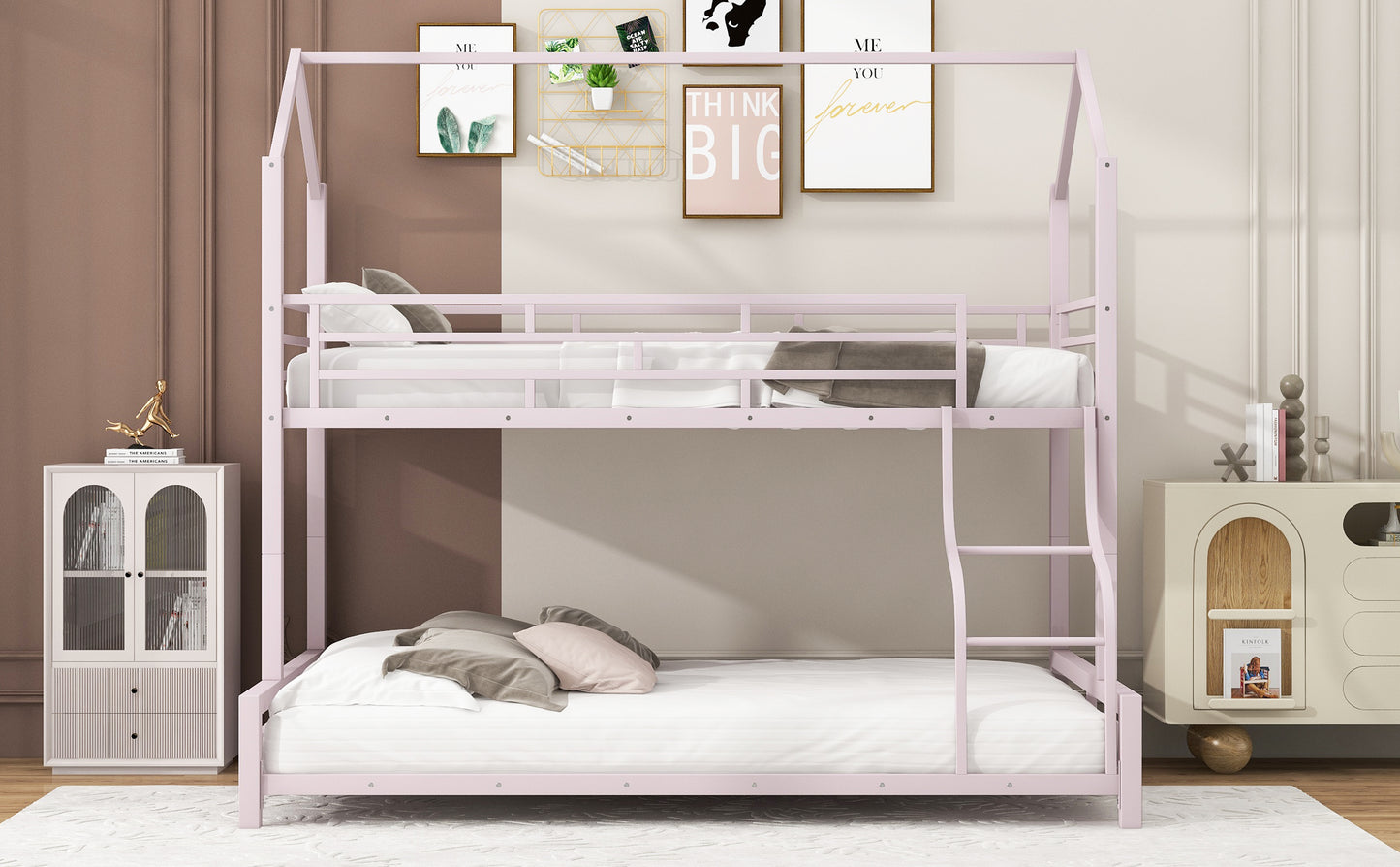 Pink metal twin over twin bunk bed with ladder and mattress