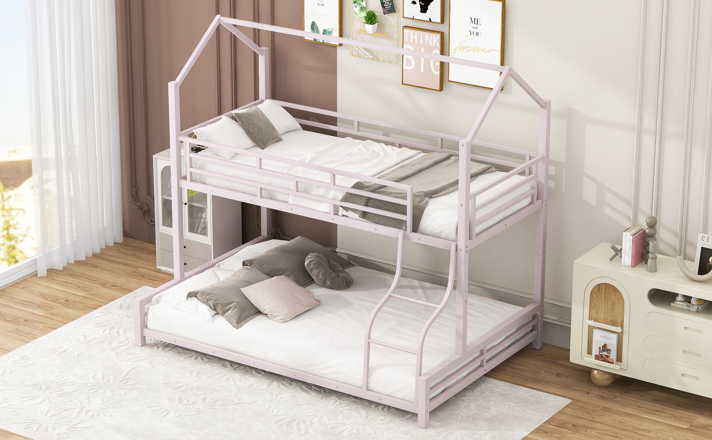 Pink metal twin over twin bunk bed with house frame