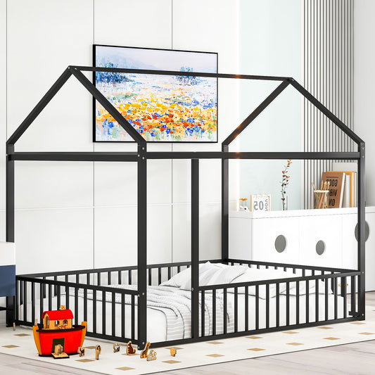 Black metal house bed frame with mattress and pillows