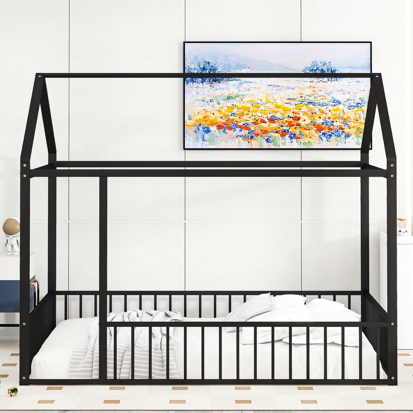 Black metal house bed frame with a modern design perfect for childrens rooms