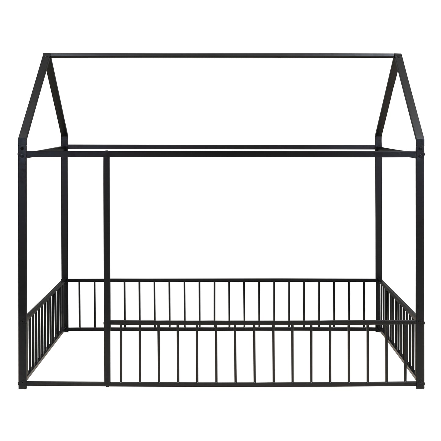 Black metal house bed frame with railings for kids room
