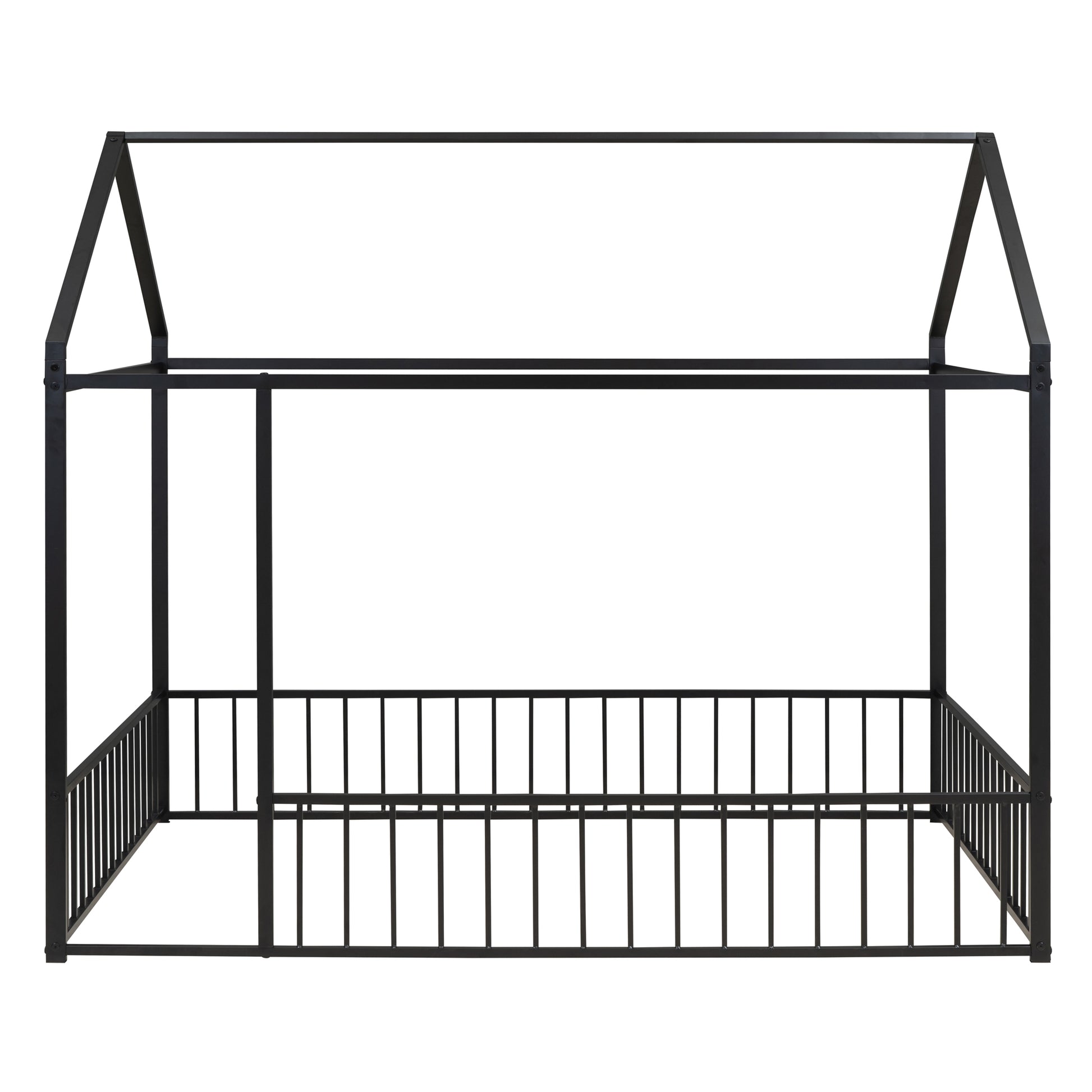 Black metal house bed frame with railings for kids room