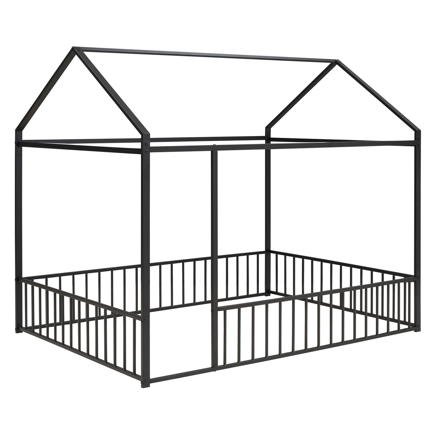 Black metal house bed frame with a roof structure and safety rails