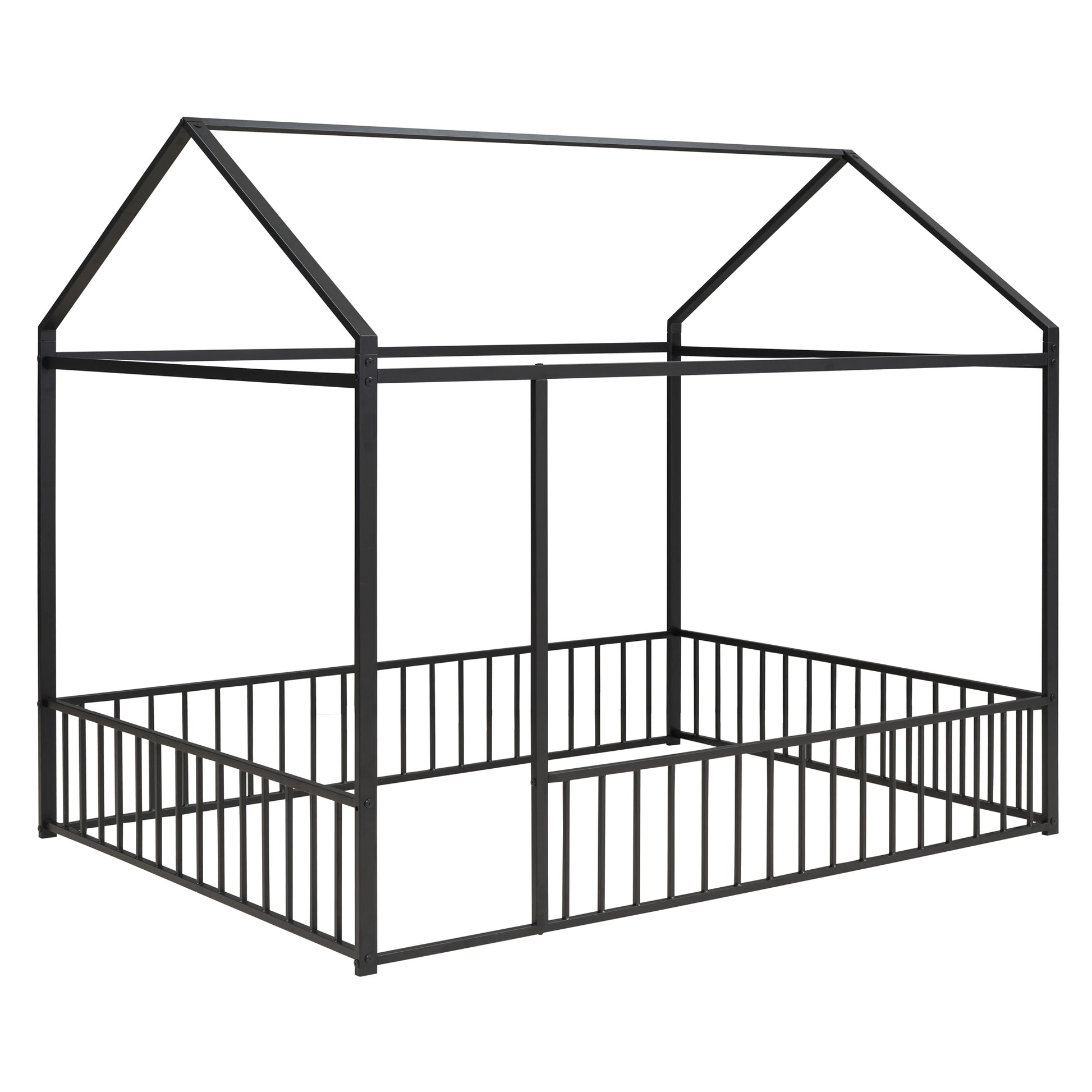 Black metal house bed frame with a roof structure and safety rails