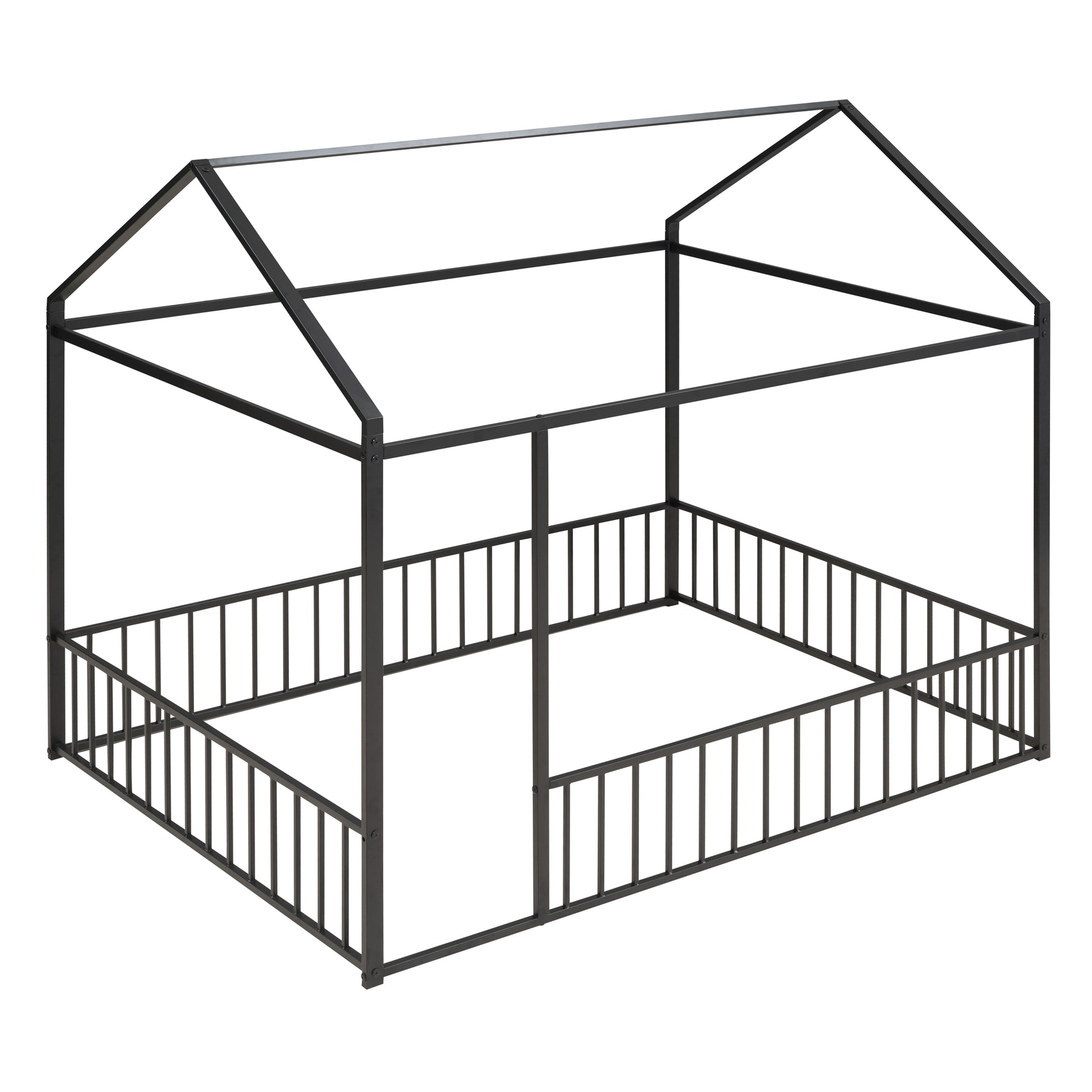 Black metal house bed frame with fence