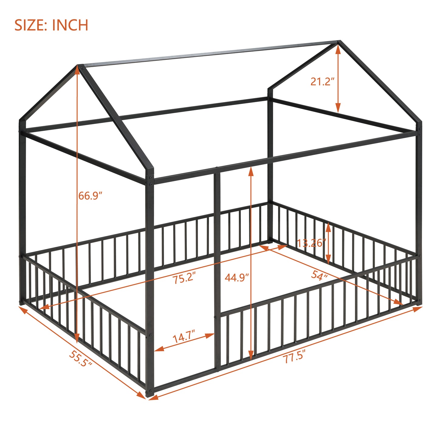 Black metal house bed frame with safety rails and dimensional measurements for childrens bedroom