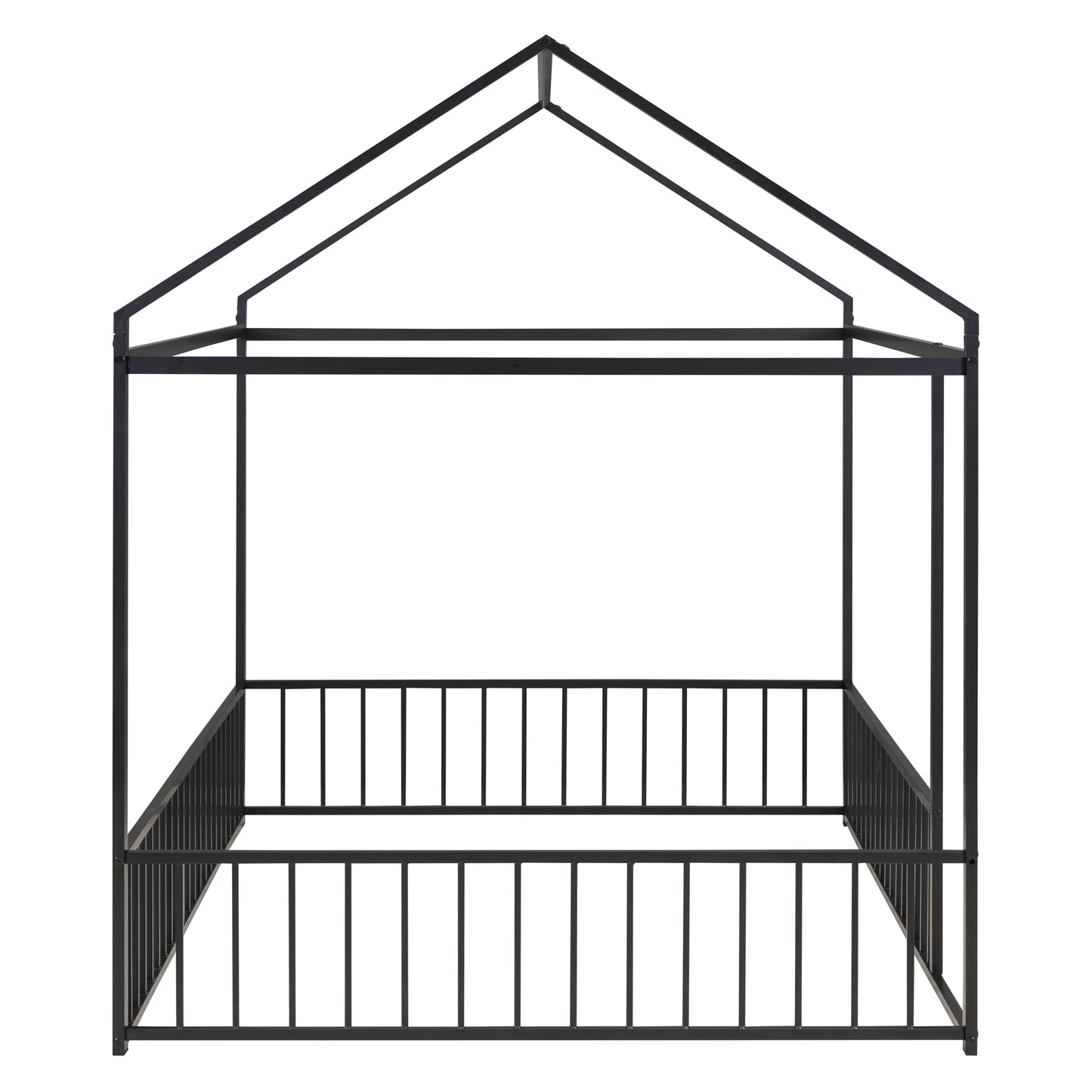 Black metal canopy bed frame with a houseshaped roof and railing