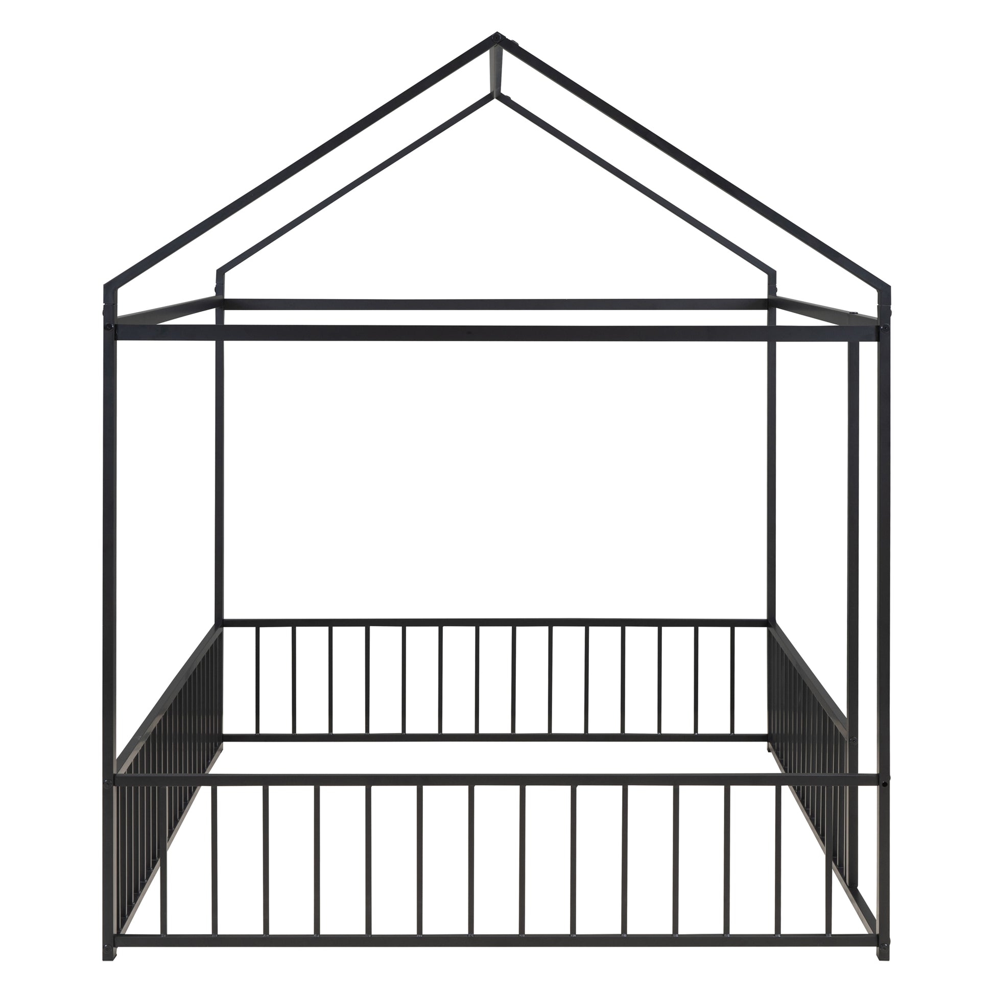 Black metal canopy bed frame with a houseshaped roof and railing