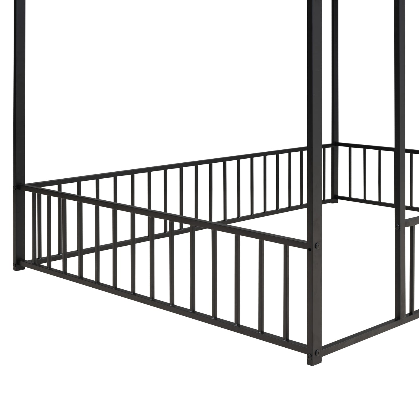 Black metal canopy bed frame with decorative railing details