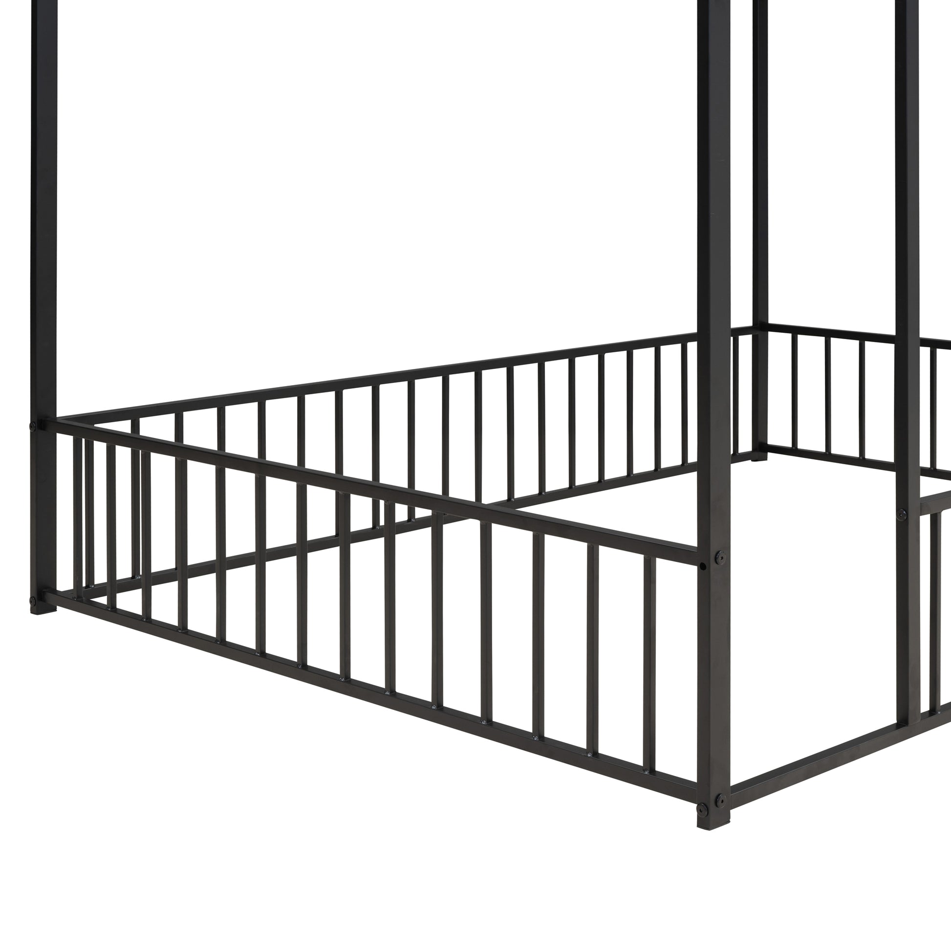 Black metal canopy bed frame with decorative railing details