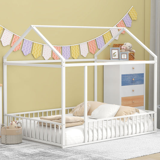 White metal house bed frame with railing and bedding