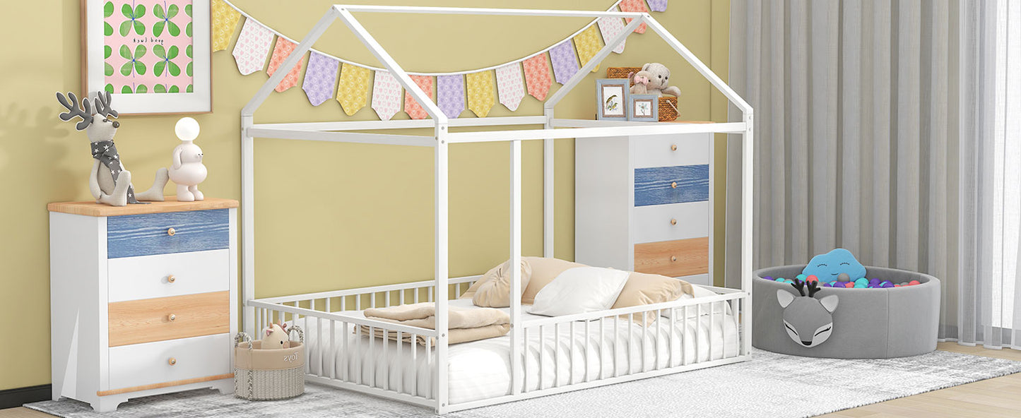 White metal house bed frame with slatted sides