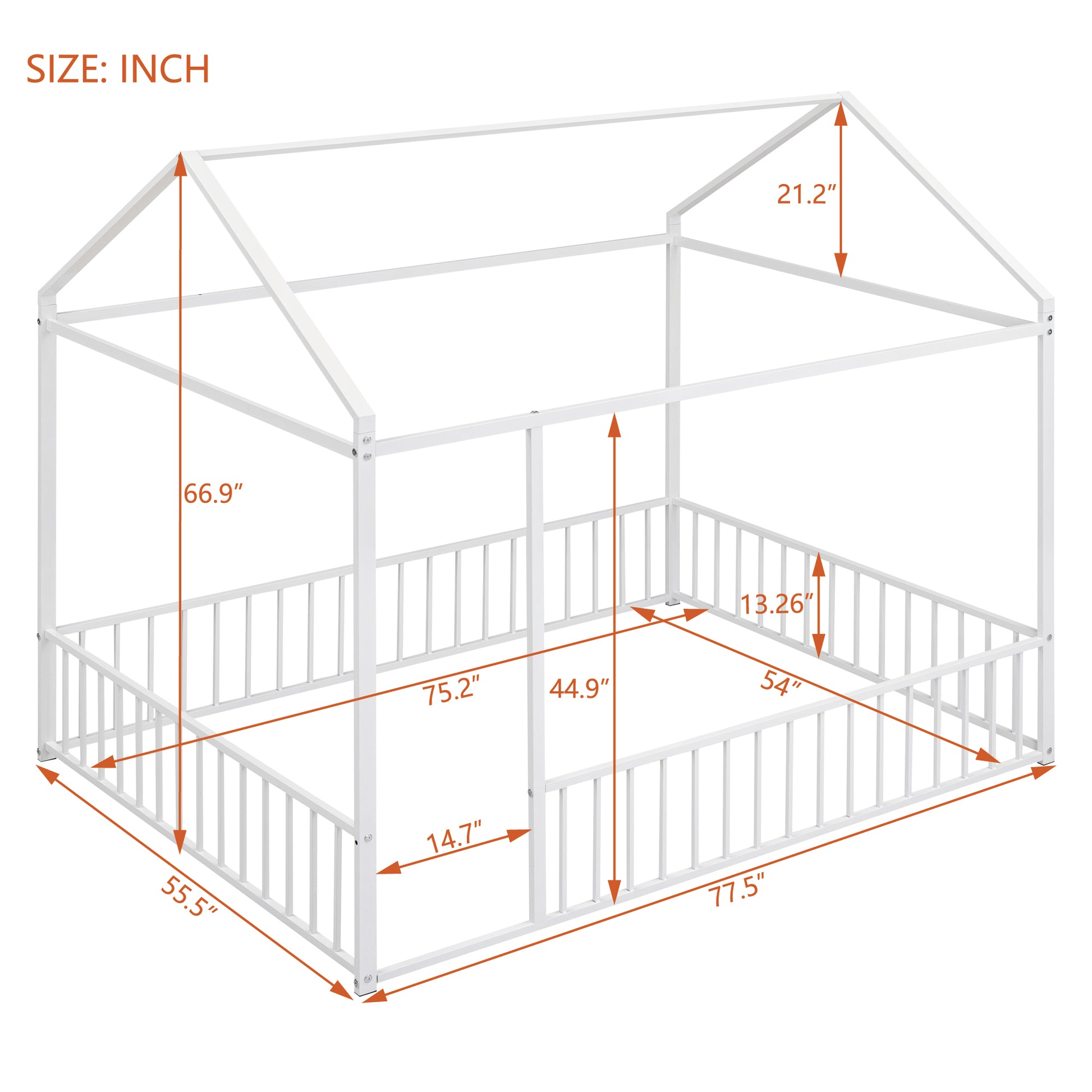 White metal house bed frame with railings and dimensions shown