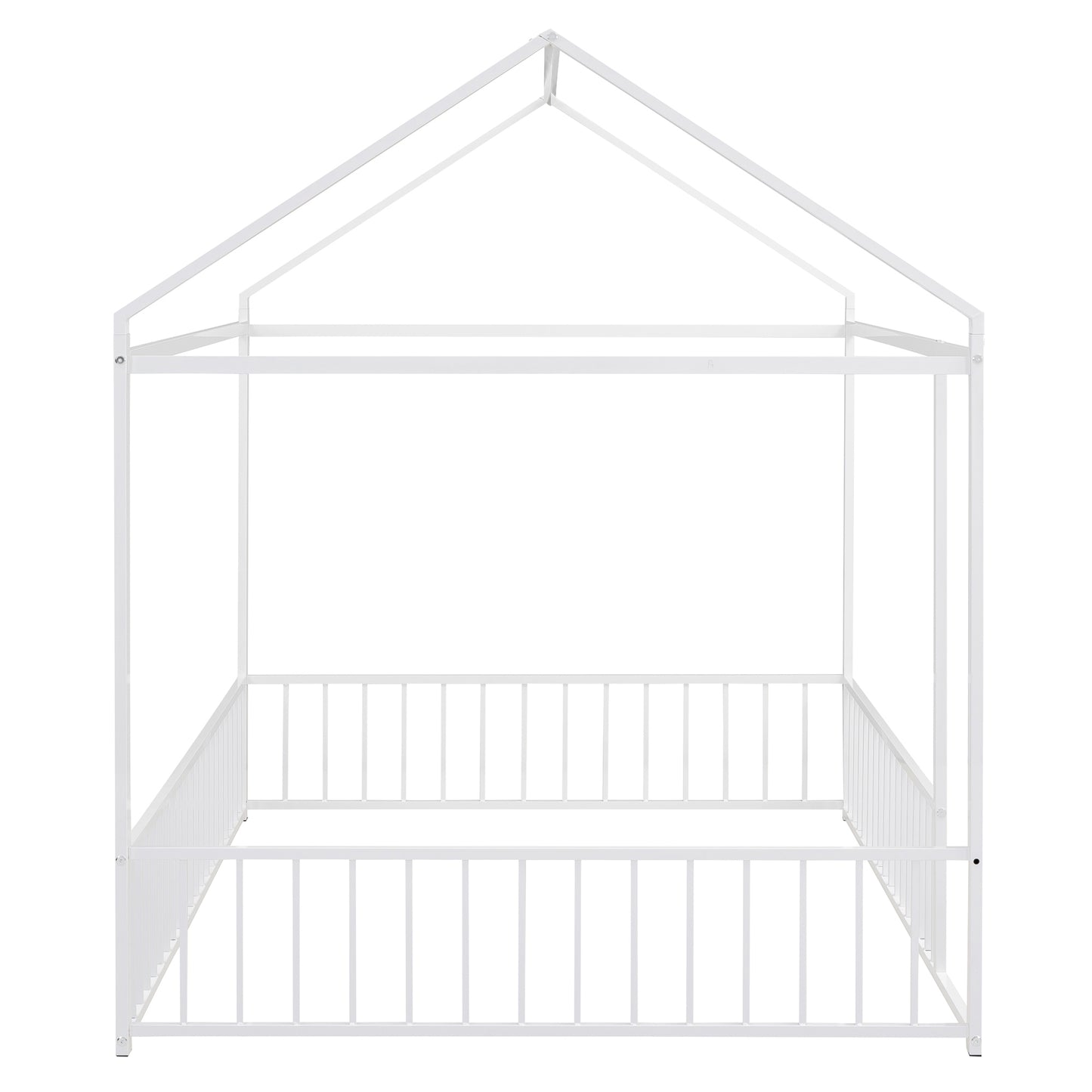 White metal house bed frame with safety rails and canopy
