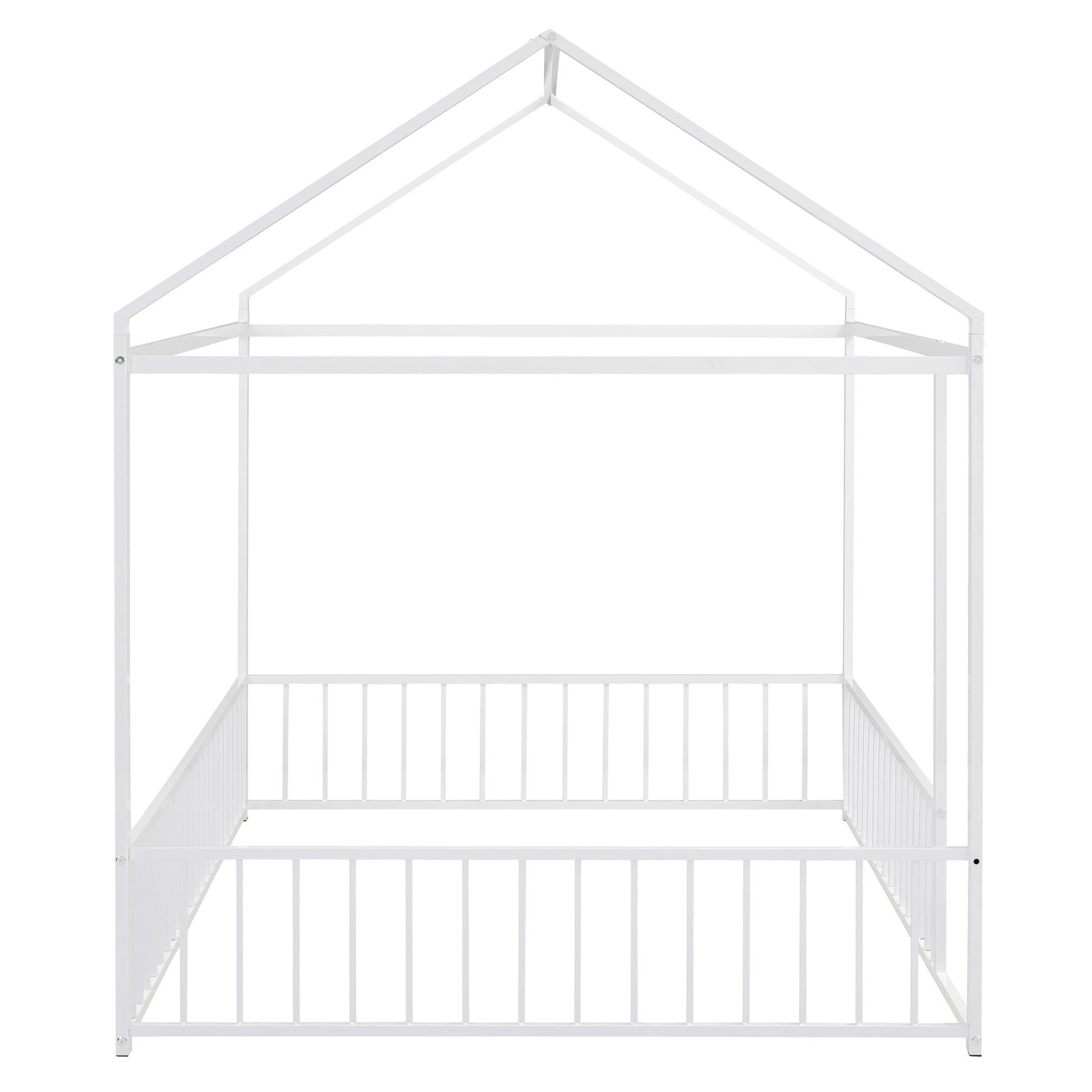 White metal house bed frame with safety rails and canopy