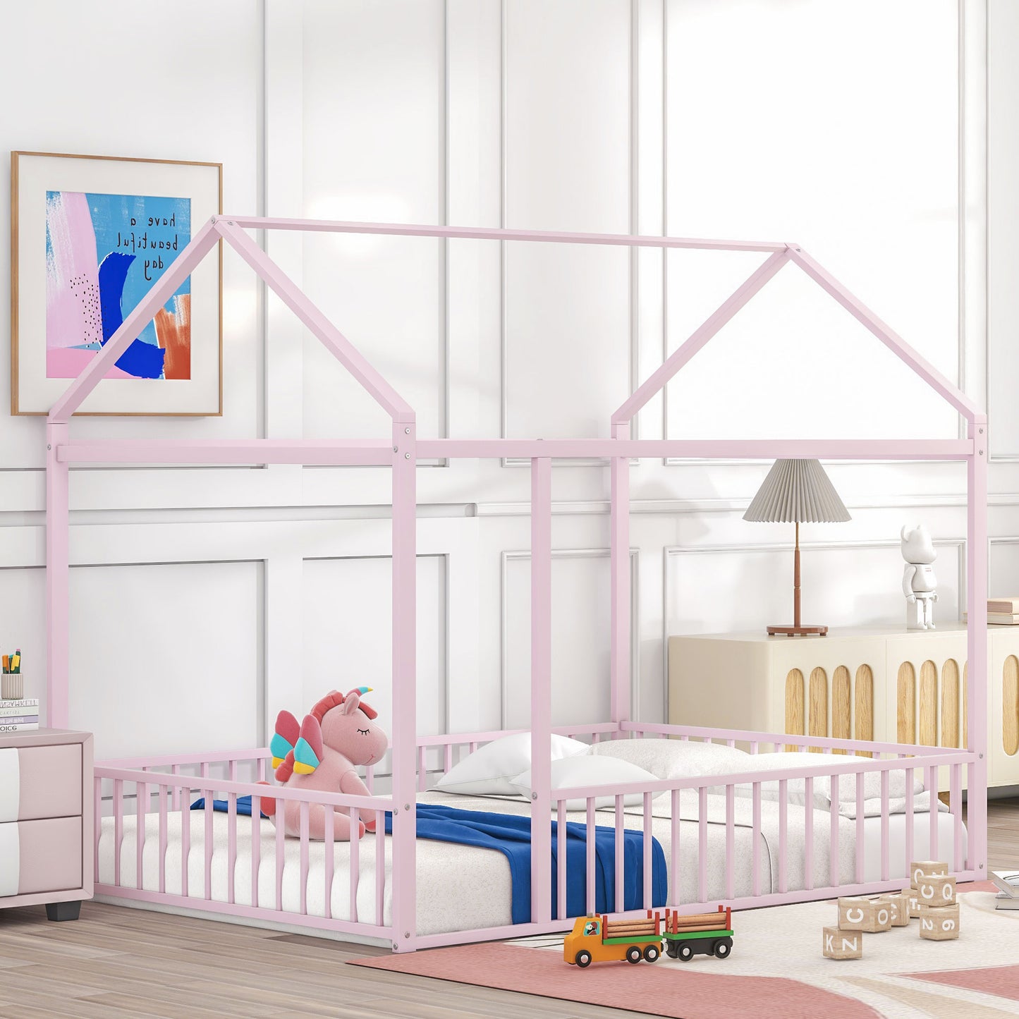 Pink metal twin house bed frame with railing for kids