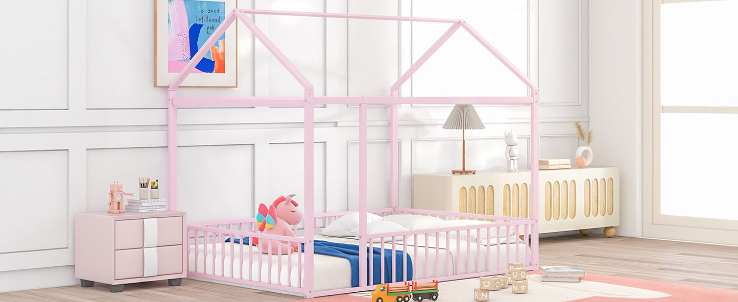 Pink metal house bed frame for nursery with safety rails