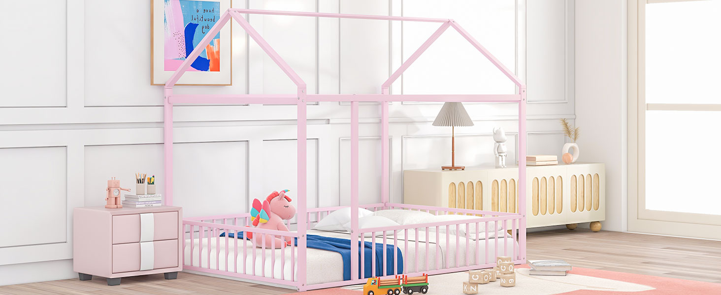 Pink metal house bed frame for nursery with safety rails