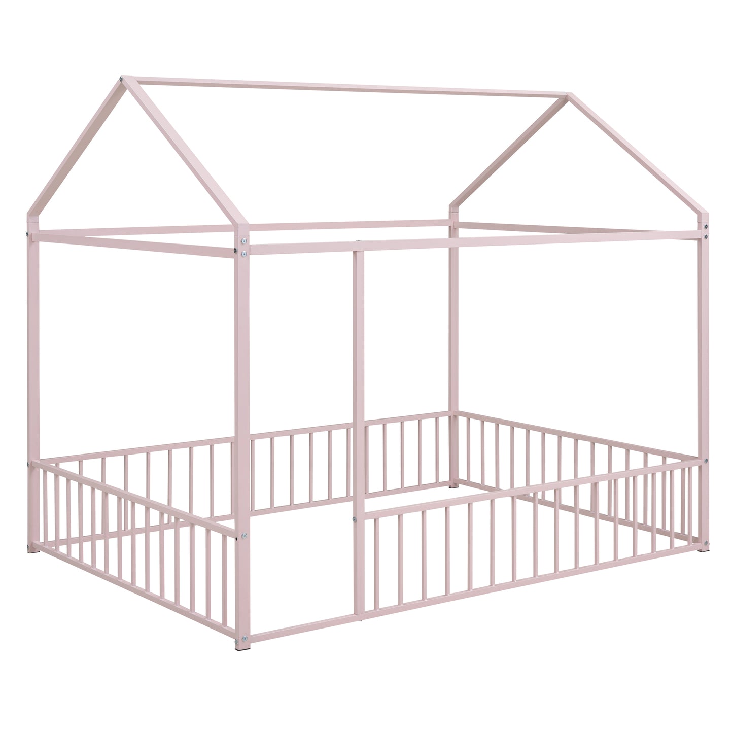 Pink metal house bed frame with guardrails for nursery