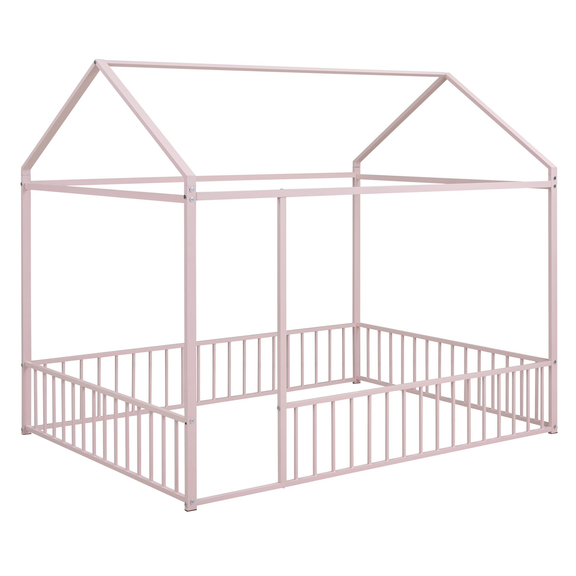 Pink metal house bed frame with guardrails for nursery