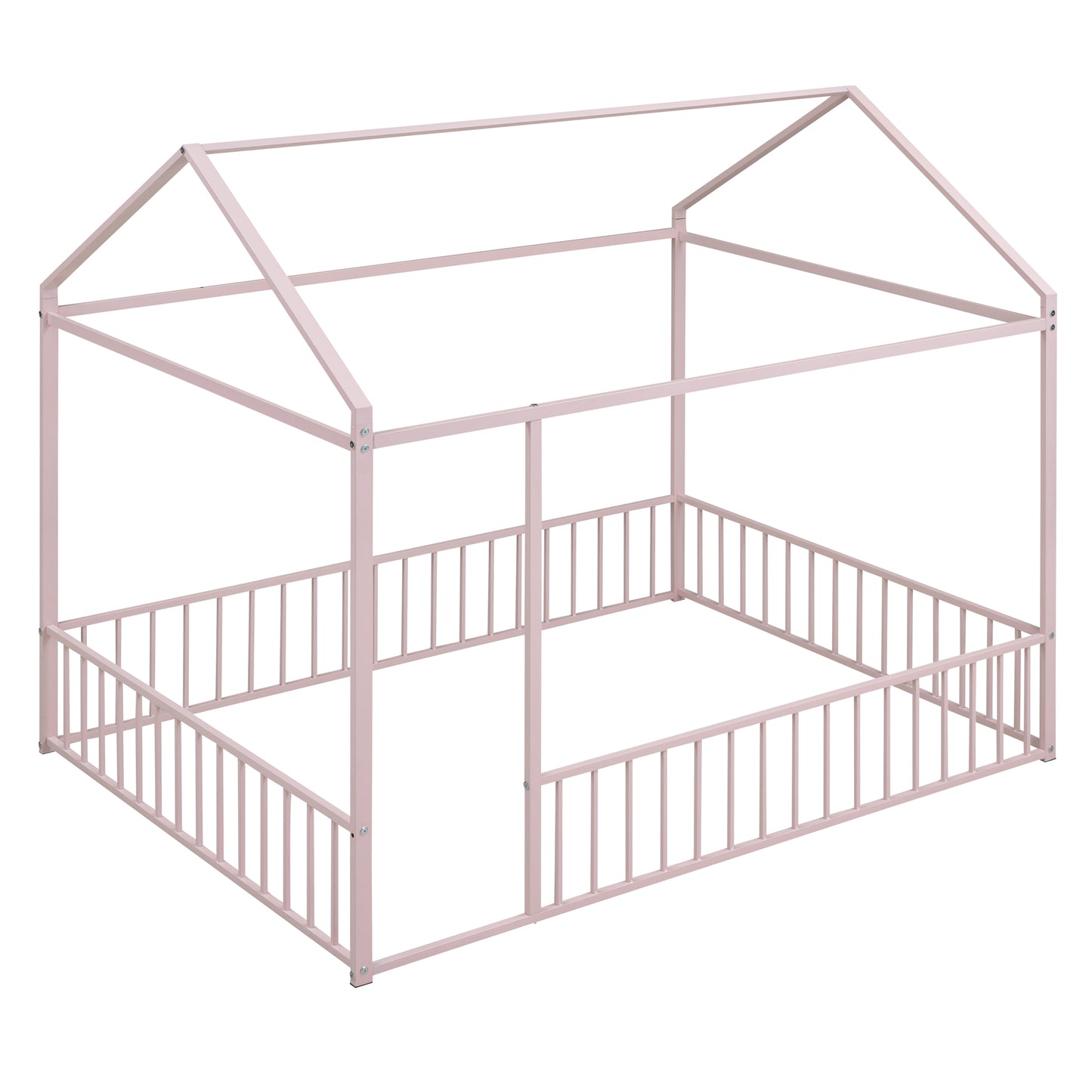 Pink metal house bed frame with rails for toddlers
