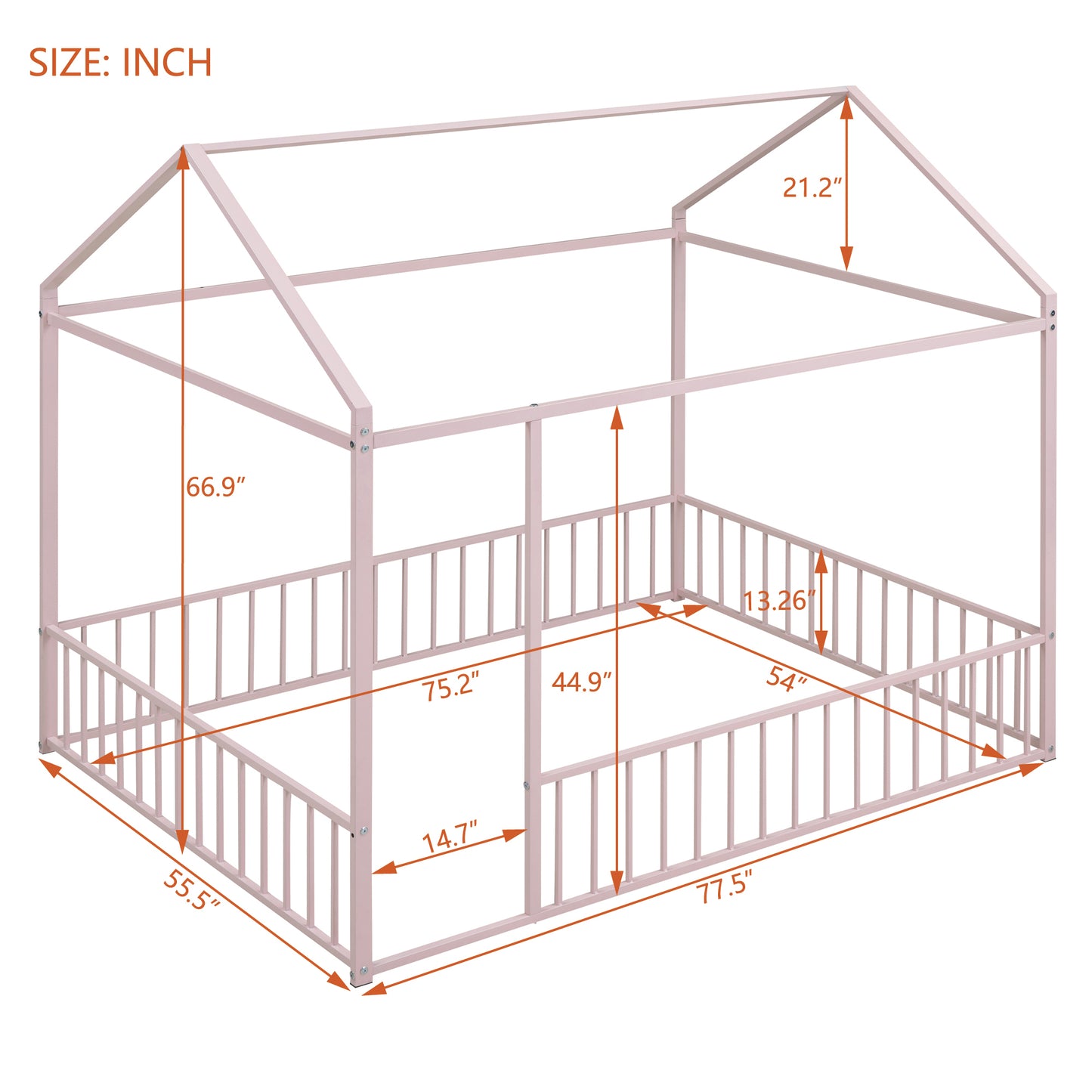 Pink metal house bed frame with dimensions shown