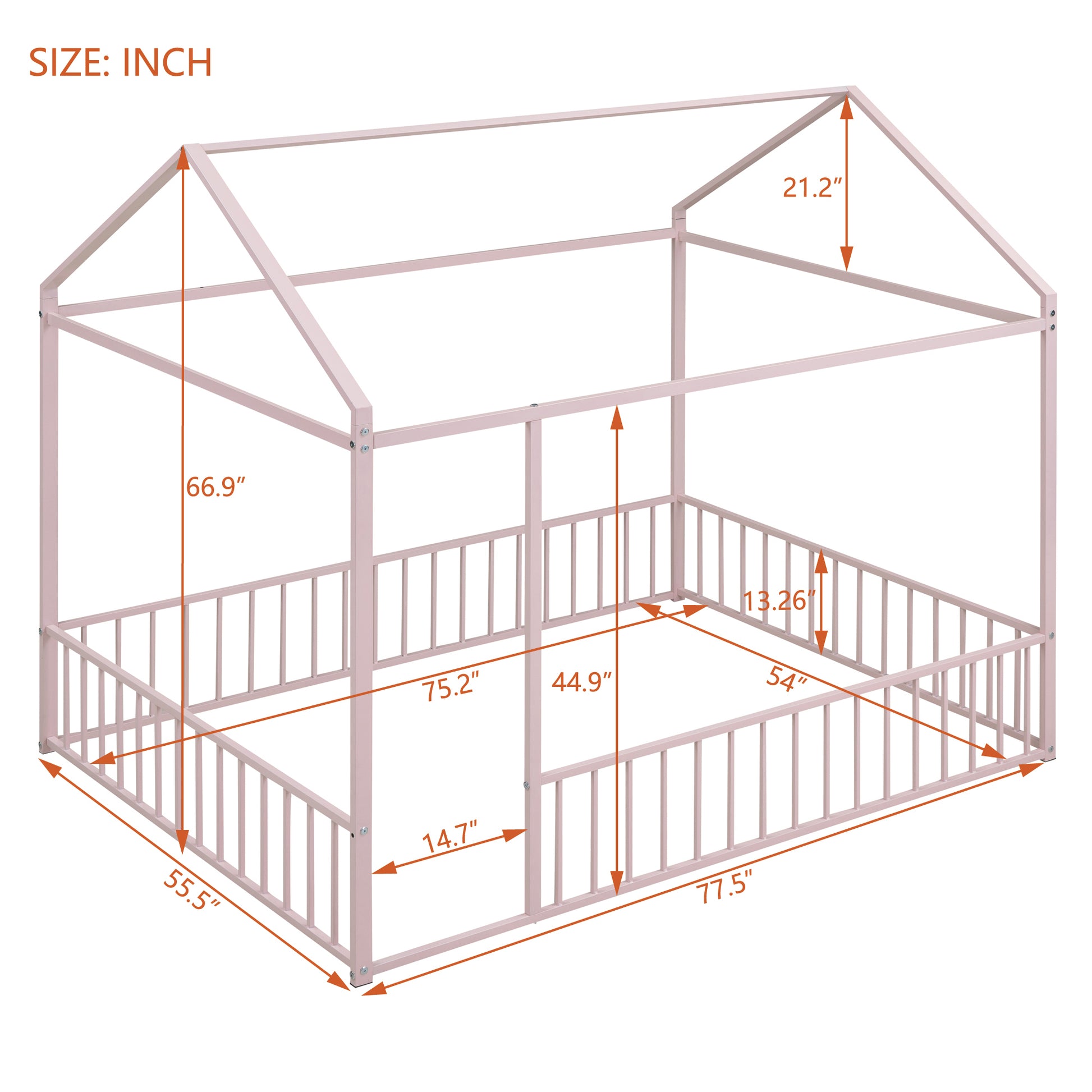Pink metal house bed frame with dimensions shown