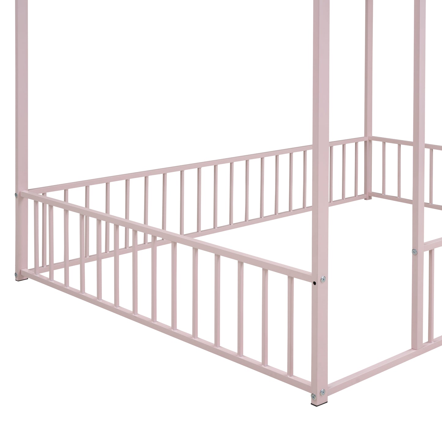 Pink metal canopy bed frame detail showing railings and posts